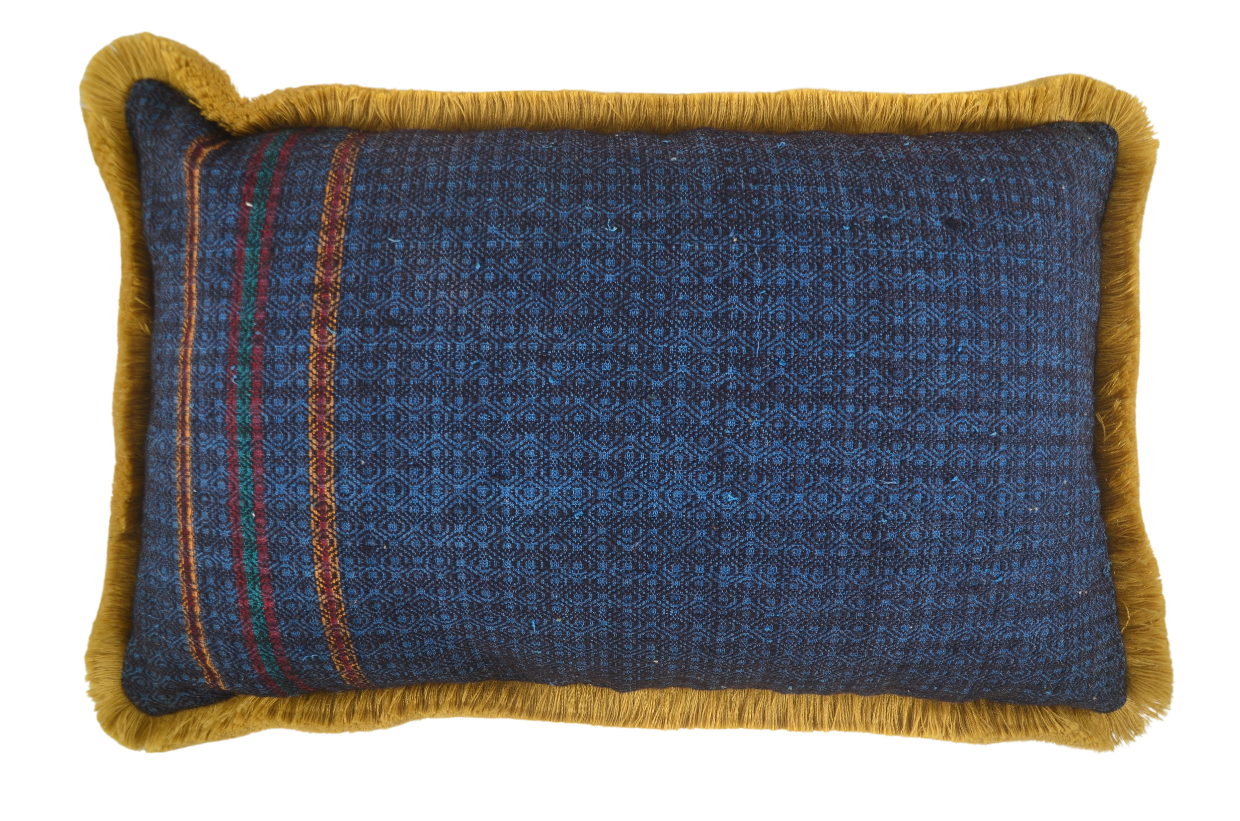 Handwoven antique wool pillow, vintage Romanian textile, with cotton velvet back and fringe.