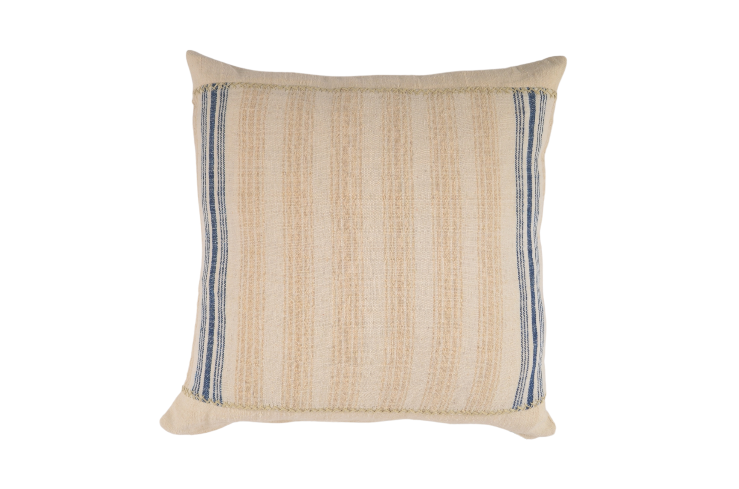 Handwoven antique hemp pillow with neutral stripes, sustainable and cruelty-free.