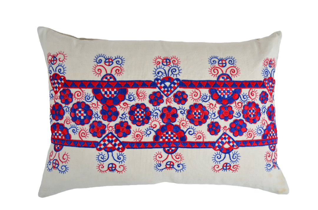 Embroidered handwoven antique Hungarian hemp pillow with custom recycled goose down insert.