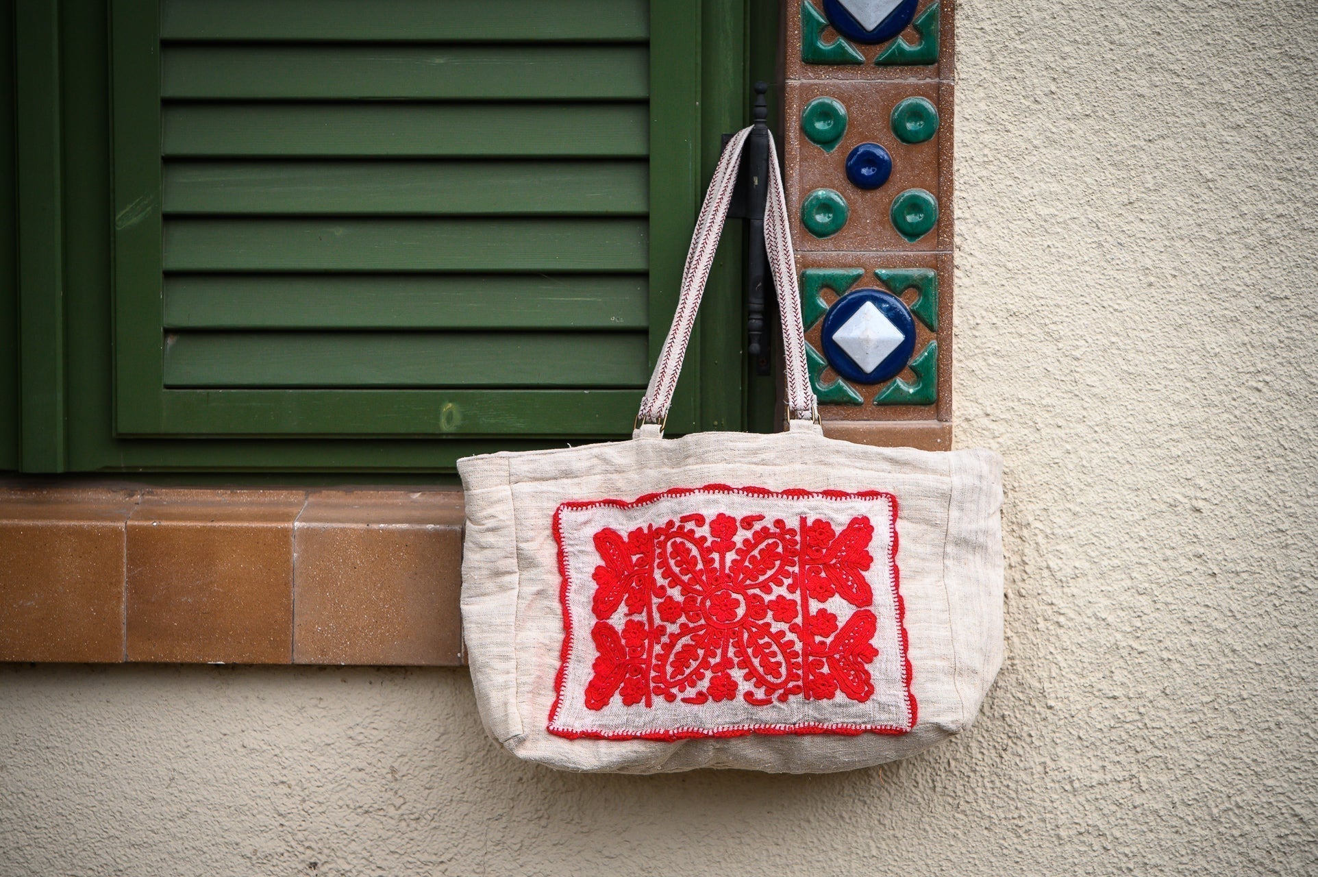 Antique handwoven hemp tote bag with traditional Hungarian embroidery.