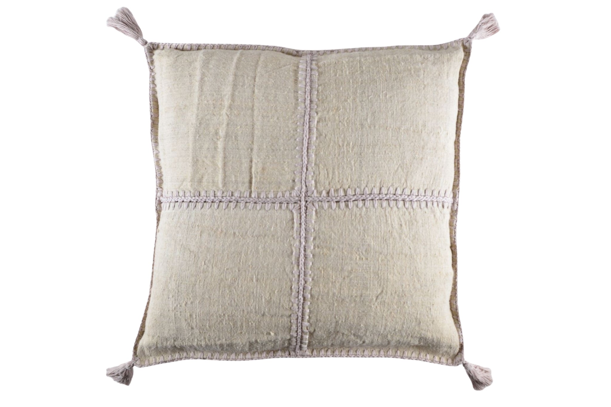 Antique Hungarian handwoven hemp pillow with mauve/taupe stitching, sustainable home decor.