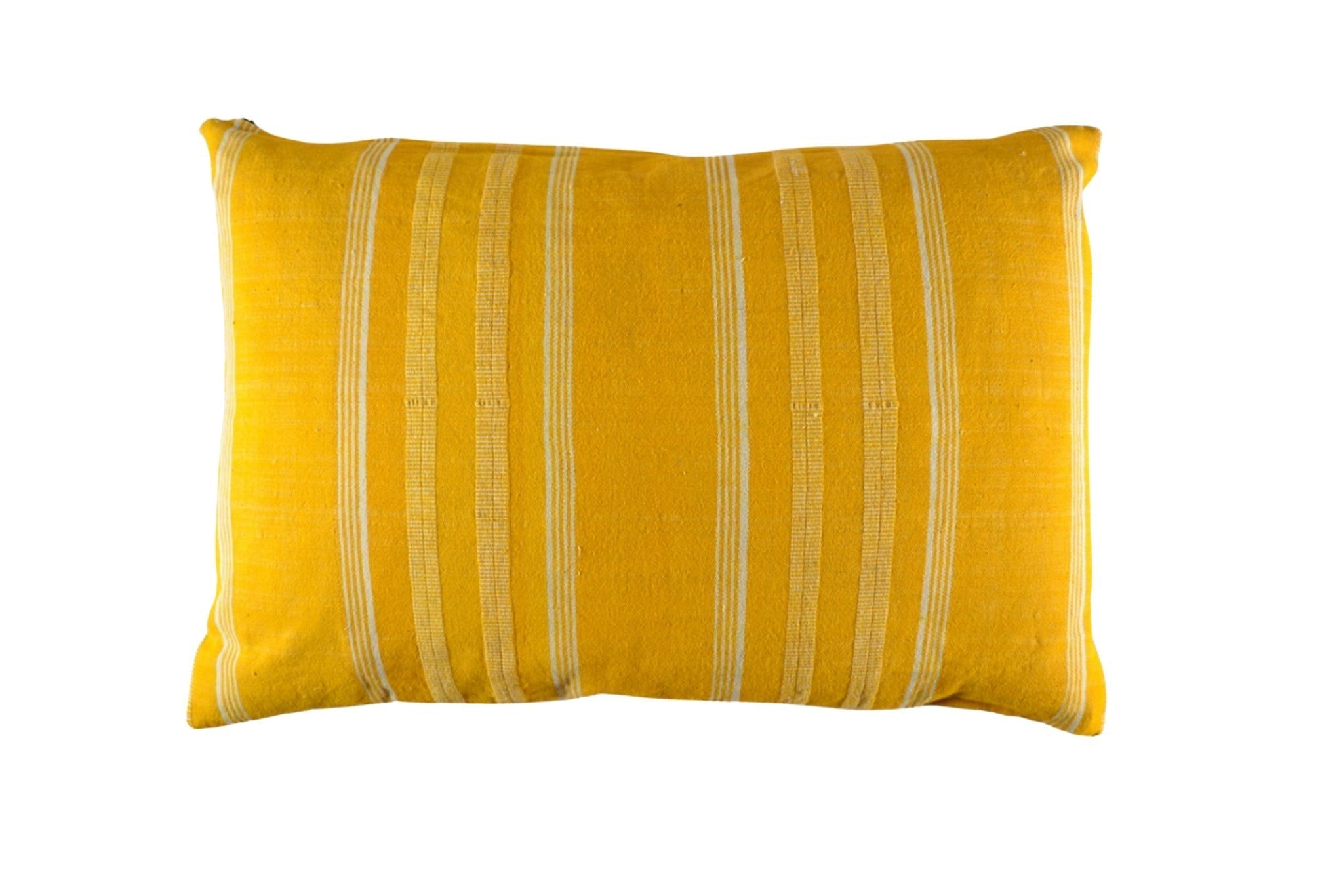 Antique handwoven decorative Bulgarian cotton pillow with yellow stripes.