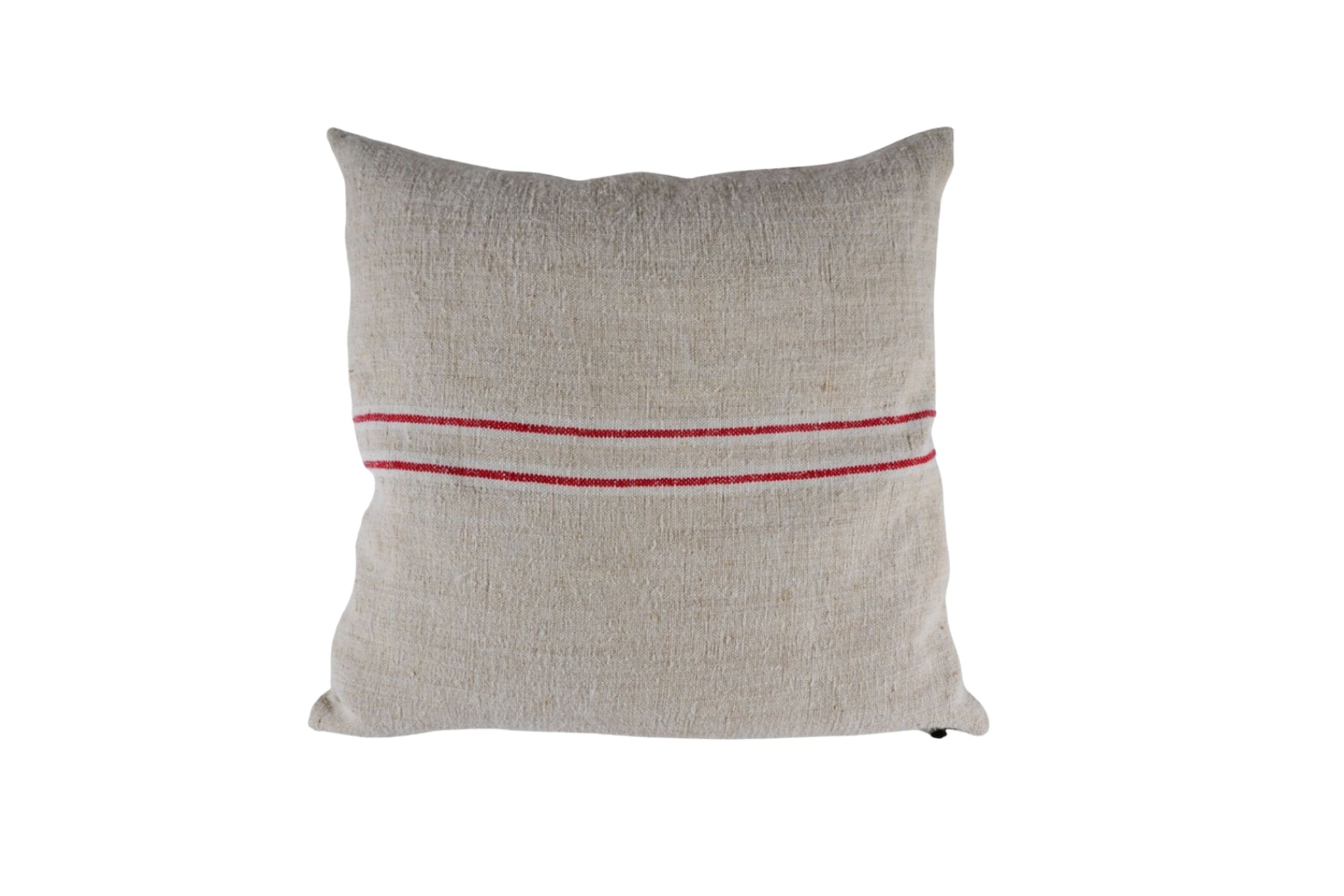 Handwoven antique Hungarian hemp pillow with red stripe design.