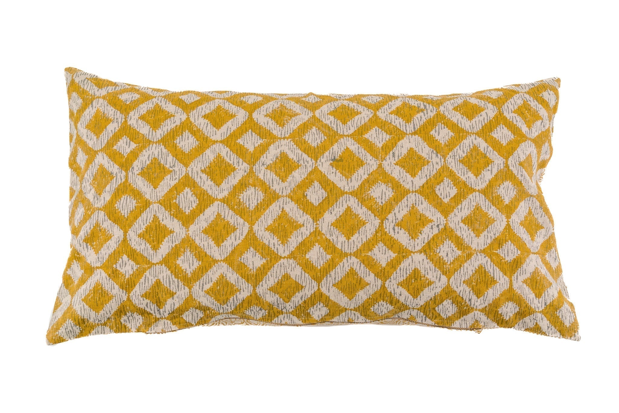 Hand printed linen pillow in yellow geometric pattern, artisan made in India.