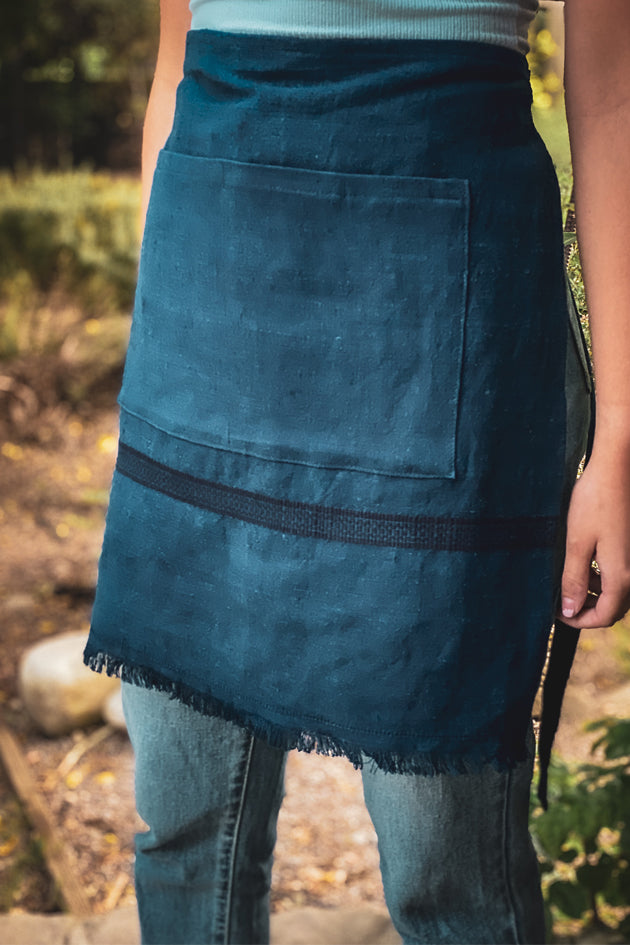 Café style apron, indigo dyed Hungarian hemp, artisan-made.