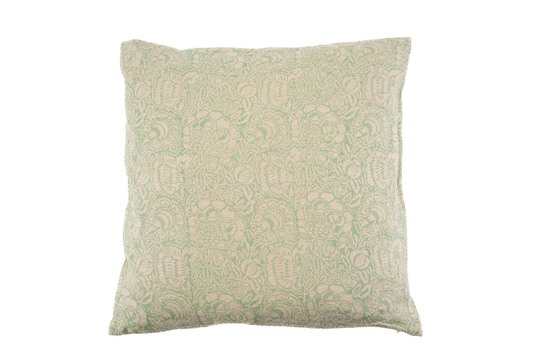 Handwoven linen pillow with block print design, sustainable home decor accent.