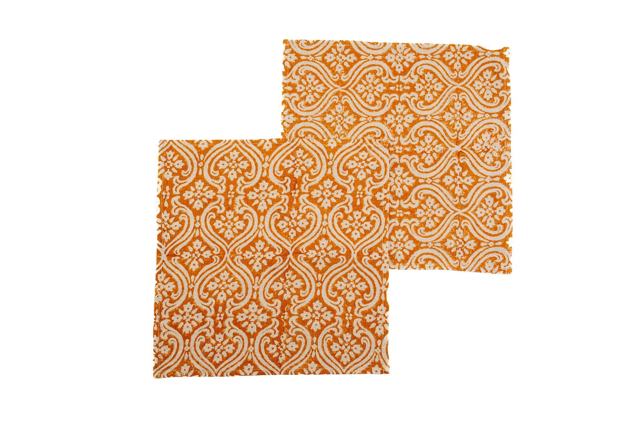 Hand block printed napkin set on heavy linen with intricate patterns.