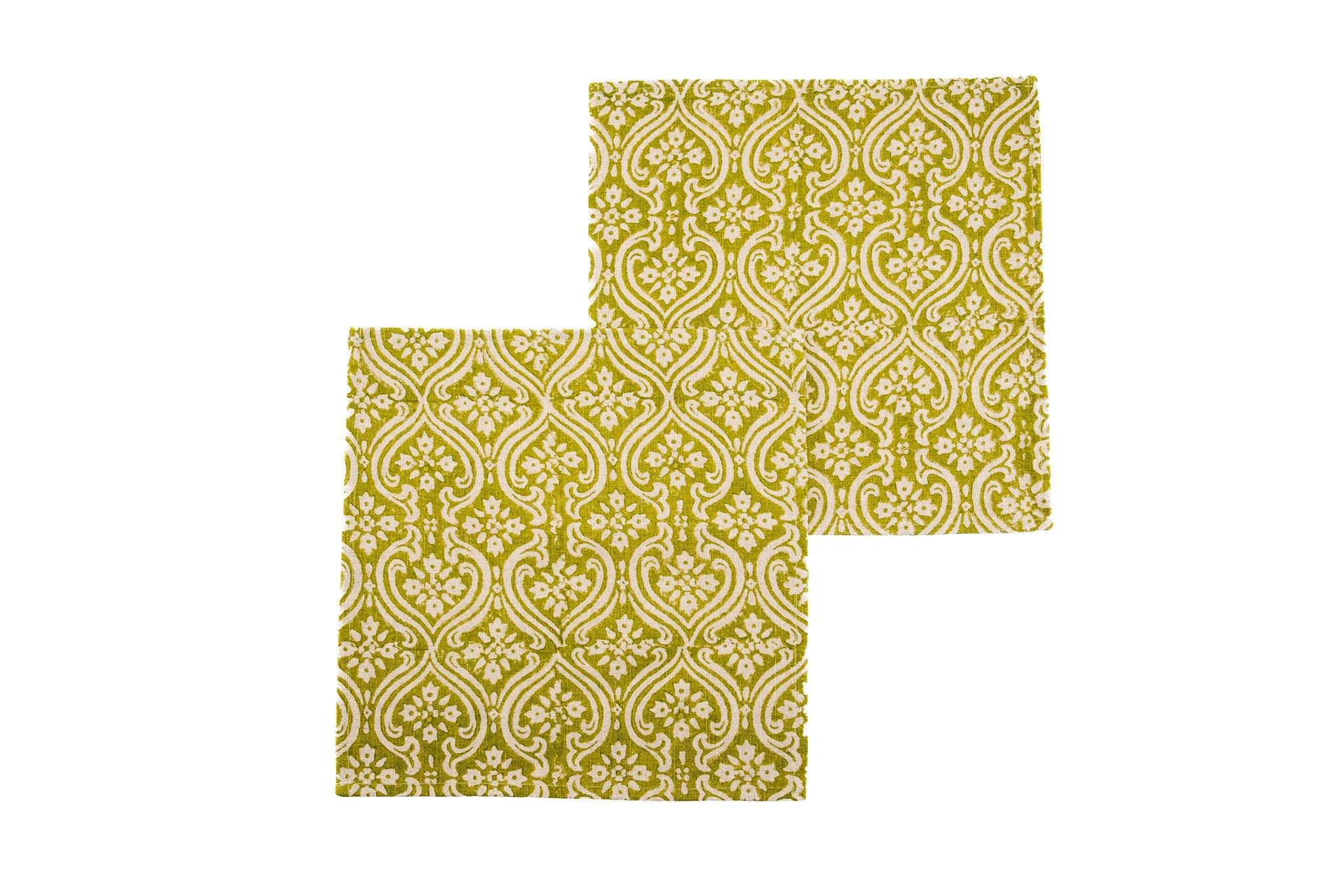 Handmade block printed napkin set on heavy linen, featuring intricate patterns.
