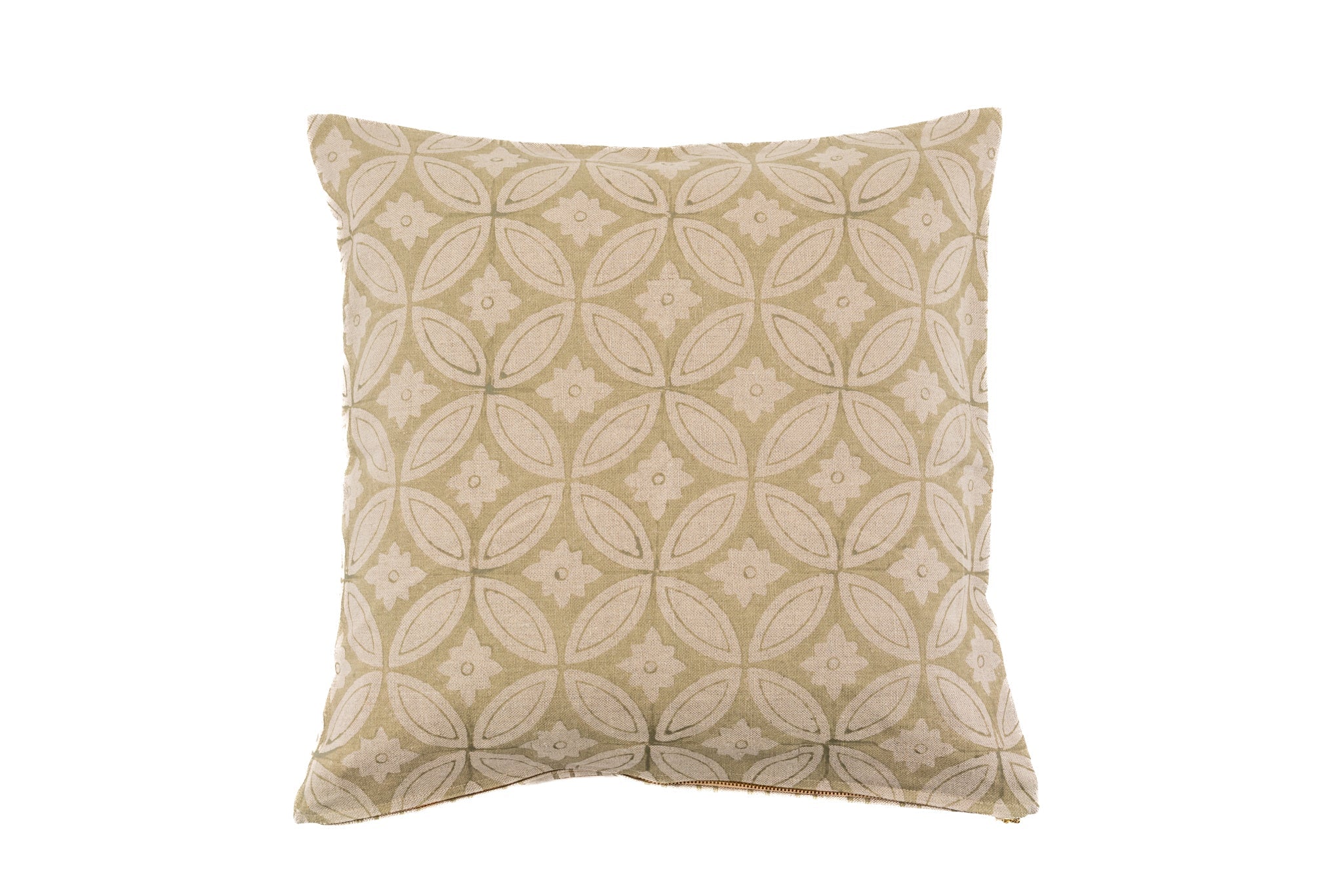 Hand printed linen pillow with geometric pattern, artisan made in India.
