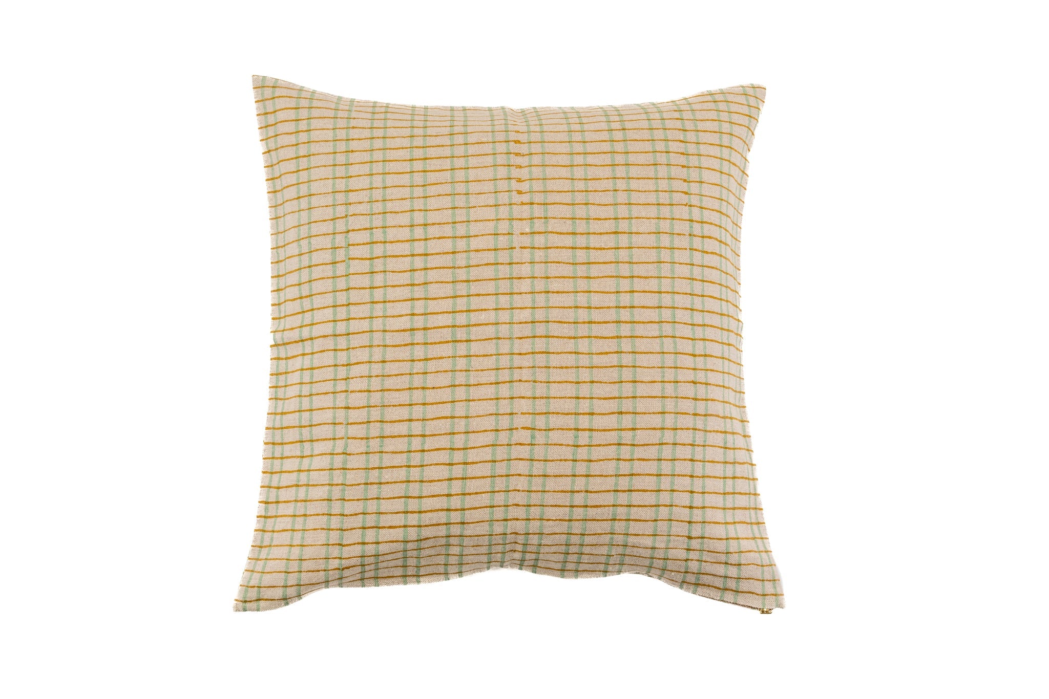 Hand block printed linen pillow with green and yellow check pattern.