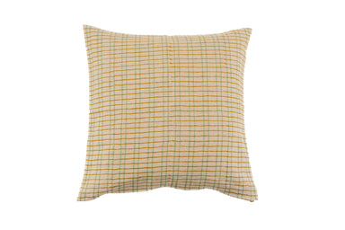 Hand block printed linen pillow with green and yellow check pattern.
