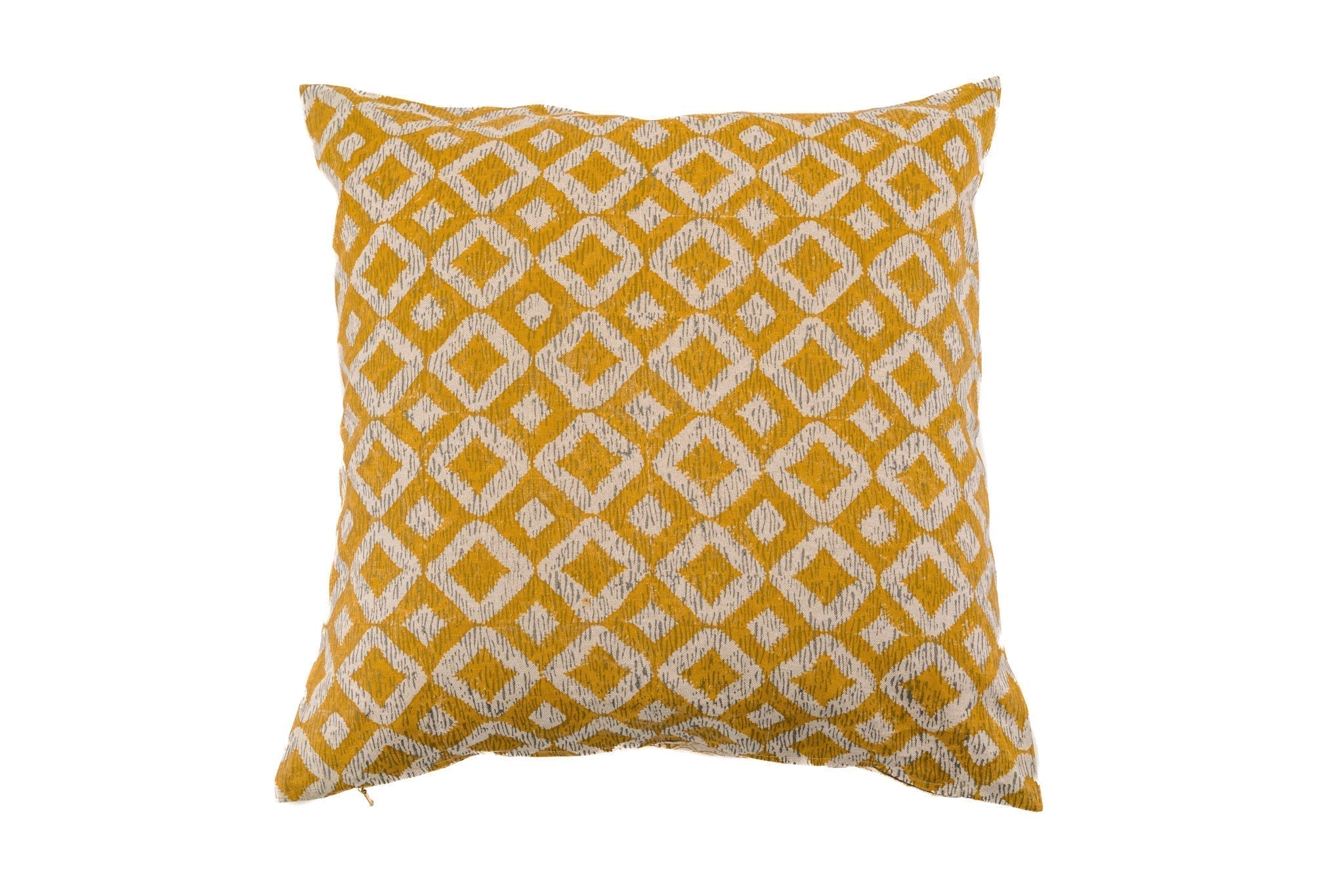 Hand printed linen pillow with geometric design in mustard yellow.