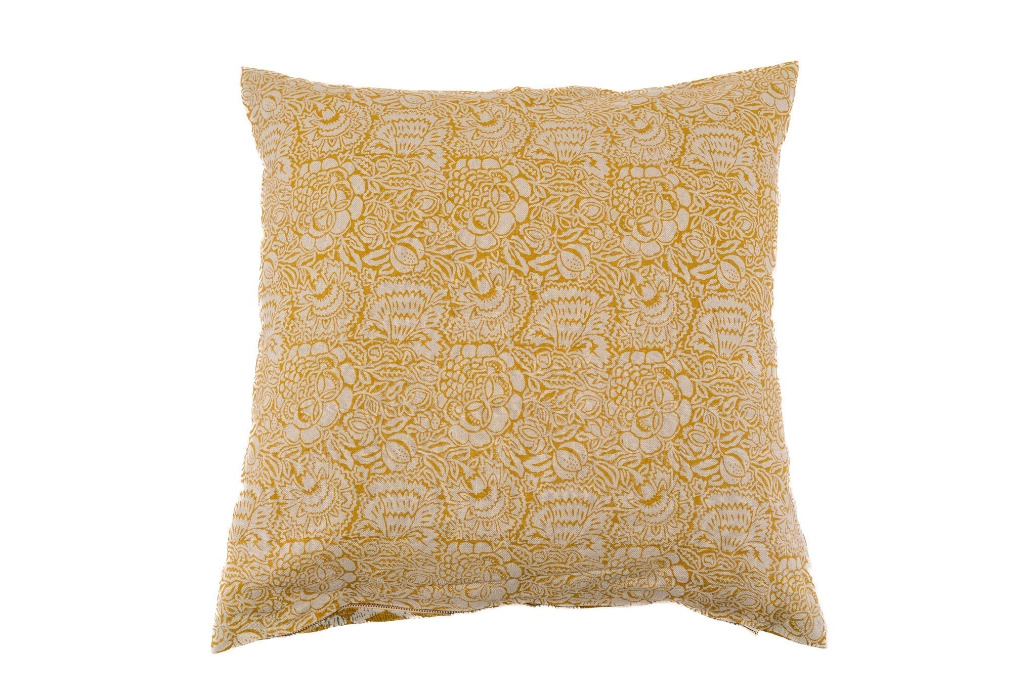 Hand printed linen pillow with organic dyes, floral pattern, artisan made in India.