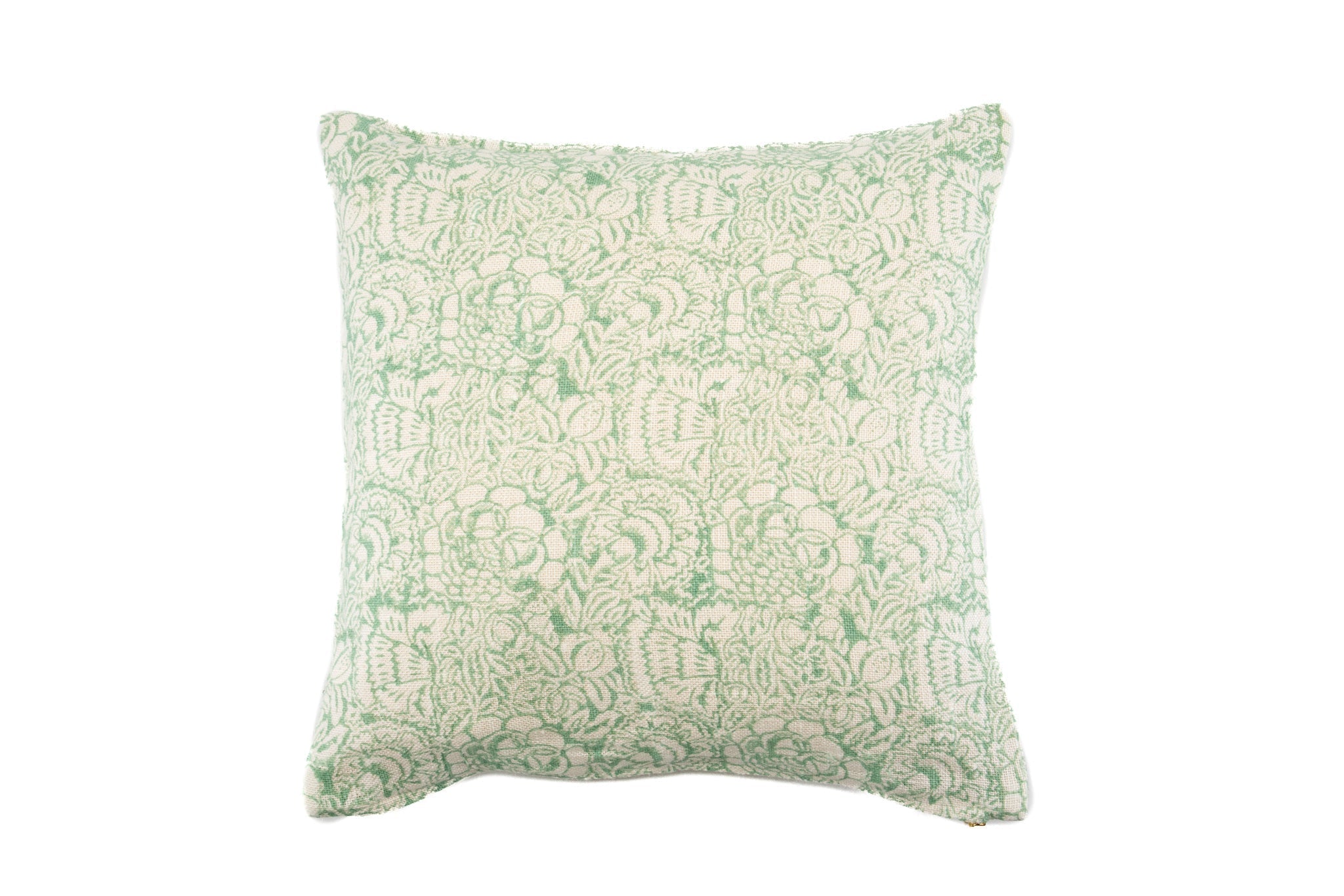 Hand block printed pillow in heritage design on heavy linen.