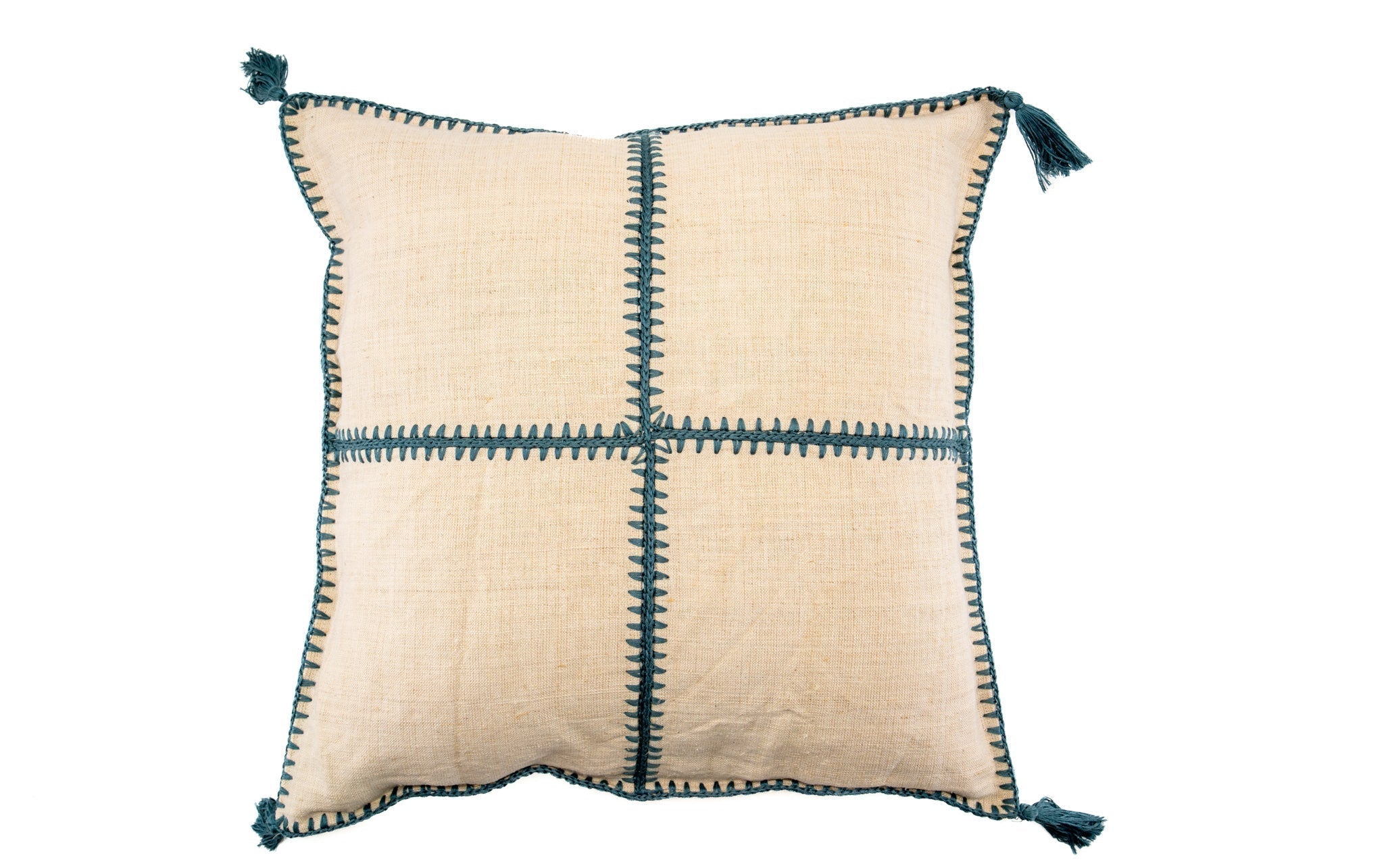 Antique Hungarian handwoven hemp pillow with hand stitching and tassels.