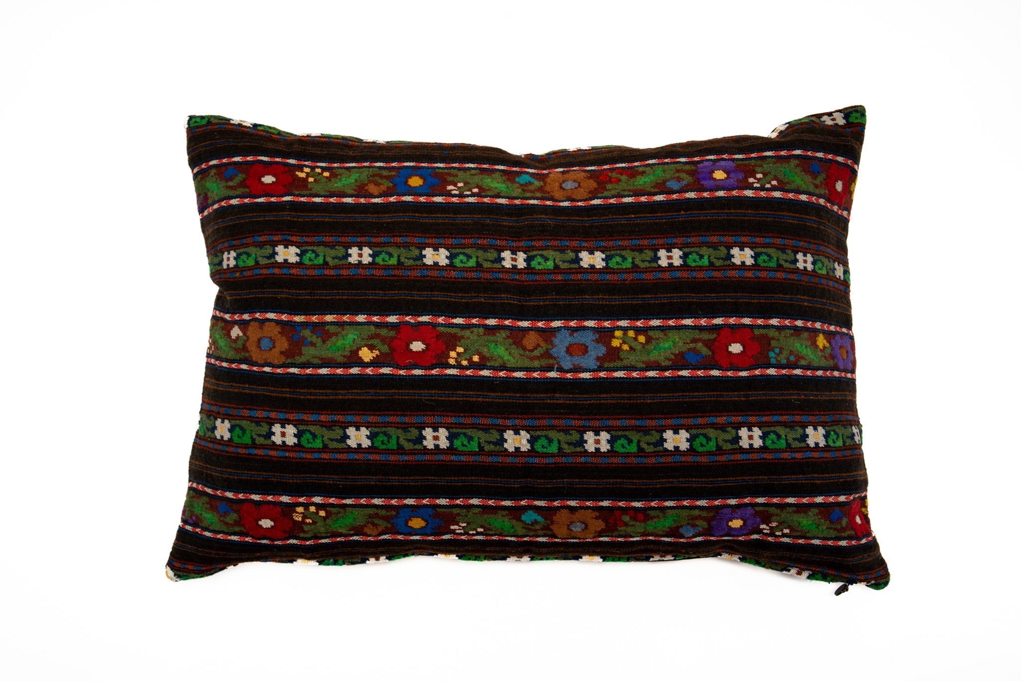 Handwoven artifact textile pillow from Romania, vibrant colors, unique collectible.