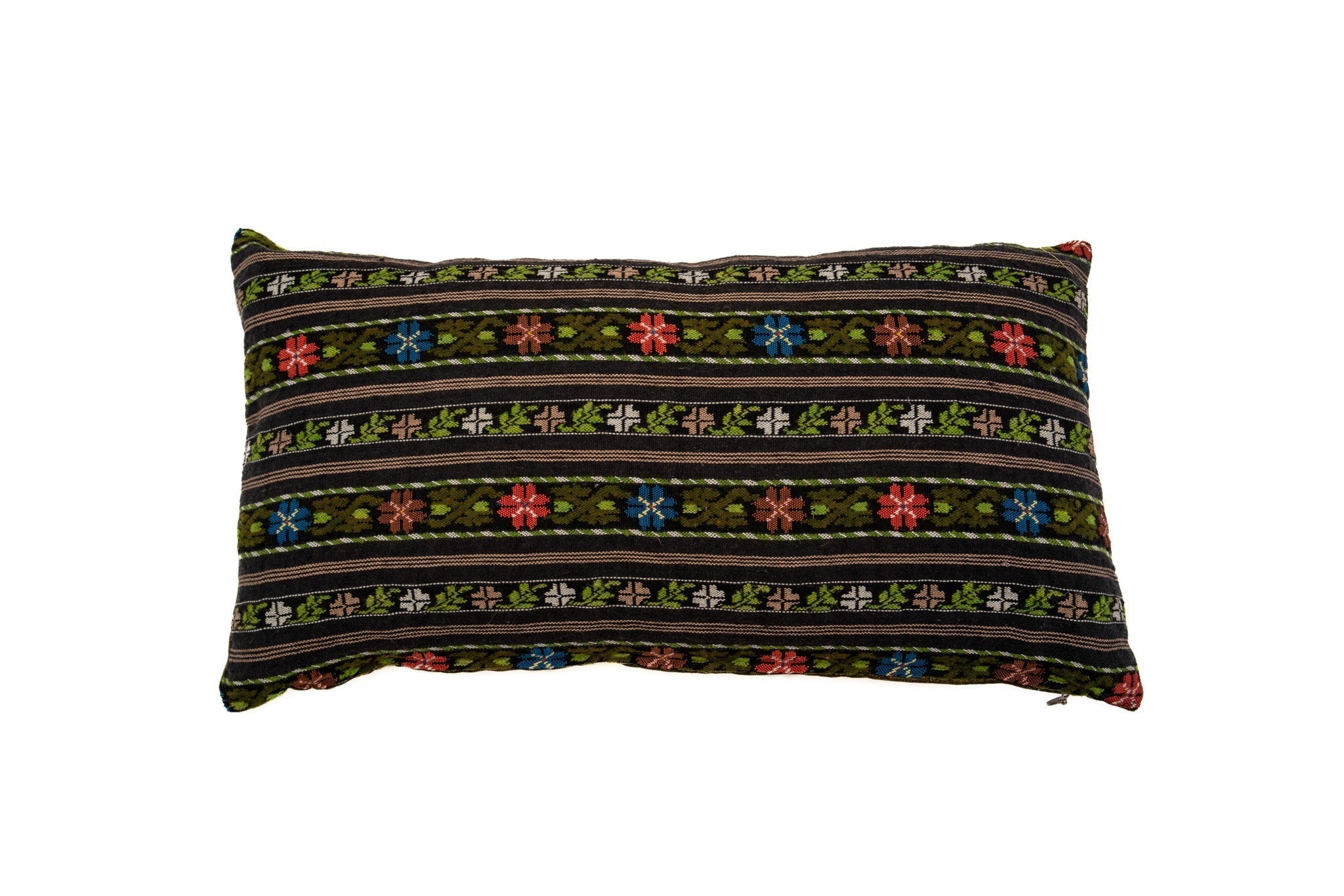 Artifact textile handwoven pillow from Romania, multicolored ceremonial design, unique and collectable.