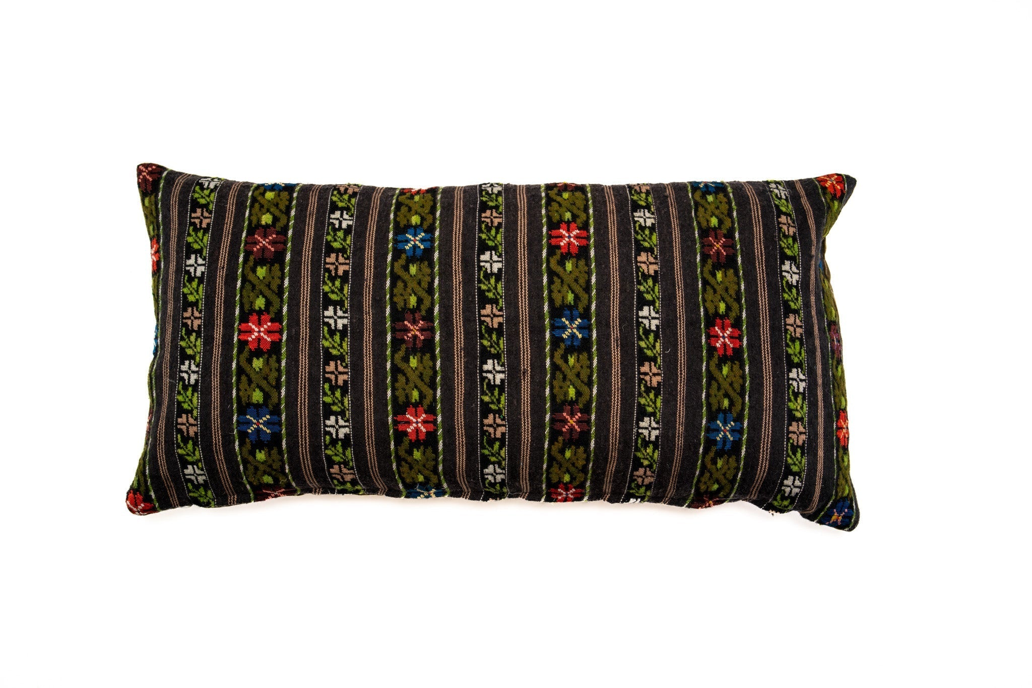 Handwoven Romanian artifact textile pillow with intricate patterns, cotton velvet back, recycled goose down insert.