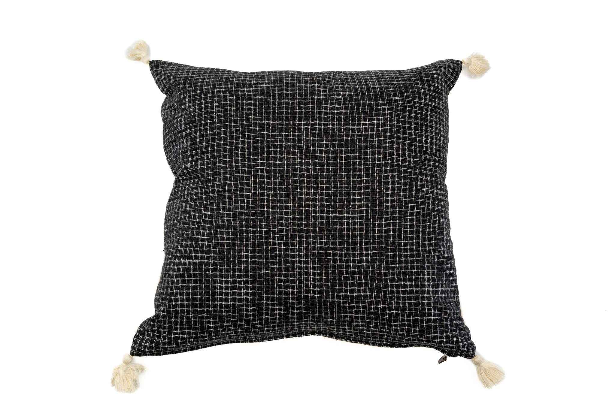Antique handwoven decorative pillow with tassels, cotton and linen blend, sustainable home decor.