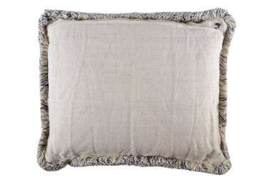 Handwoven antique Bulgarian cotton pillow with fringe and metal zipper.