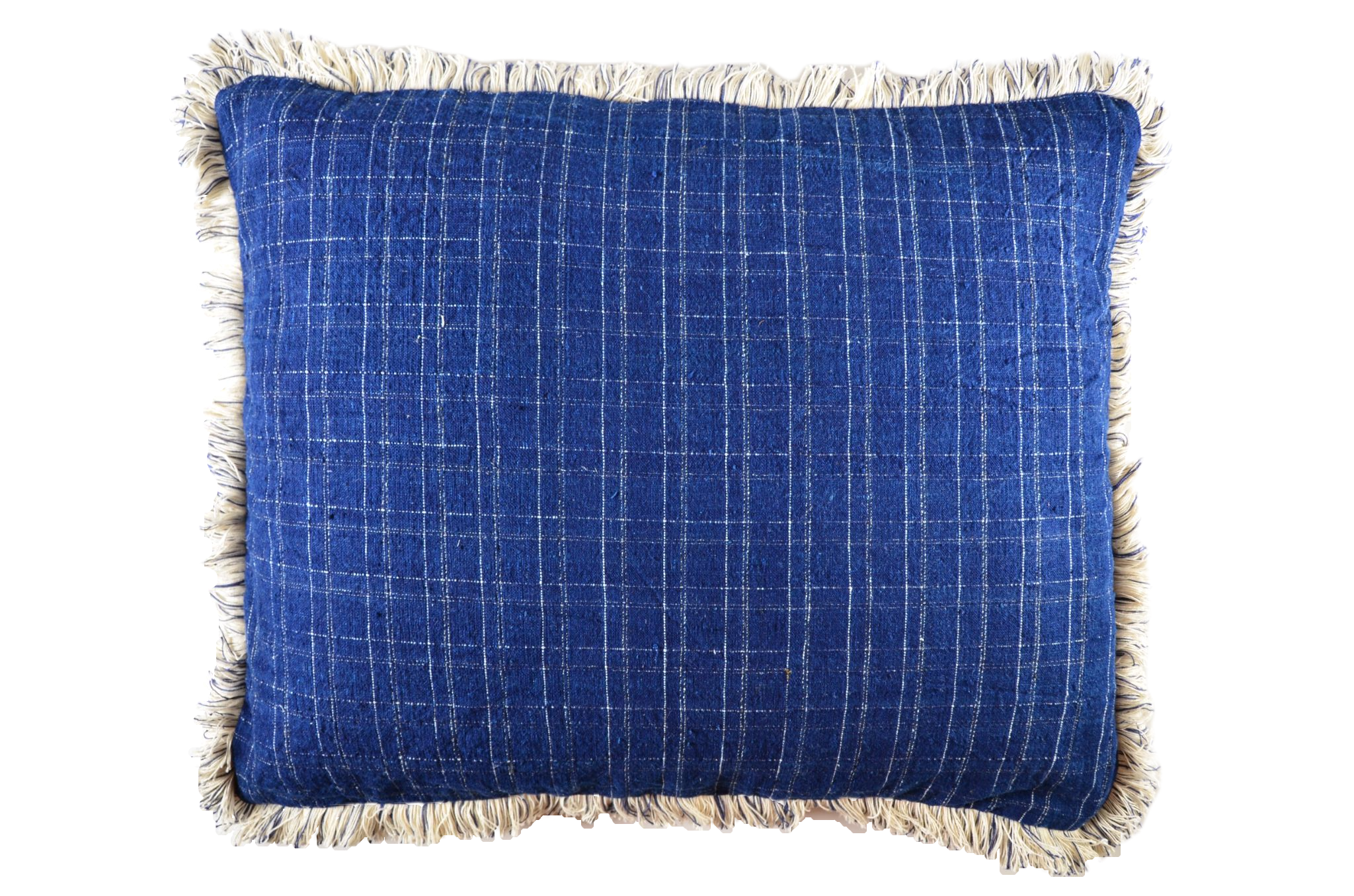 Handwoven antique Bulgarian cotton pillow with cotton fringe detailing.