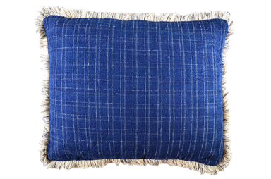 Handwoven antique Bulgarian cotton pillow with cotton fringe detailing.