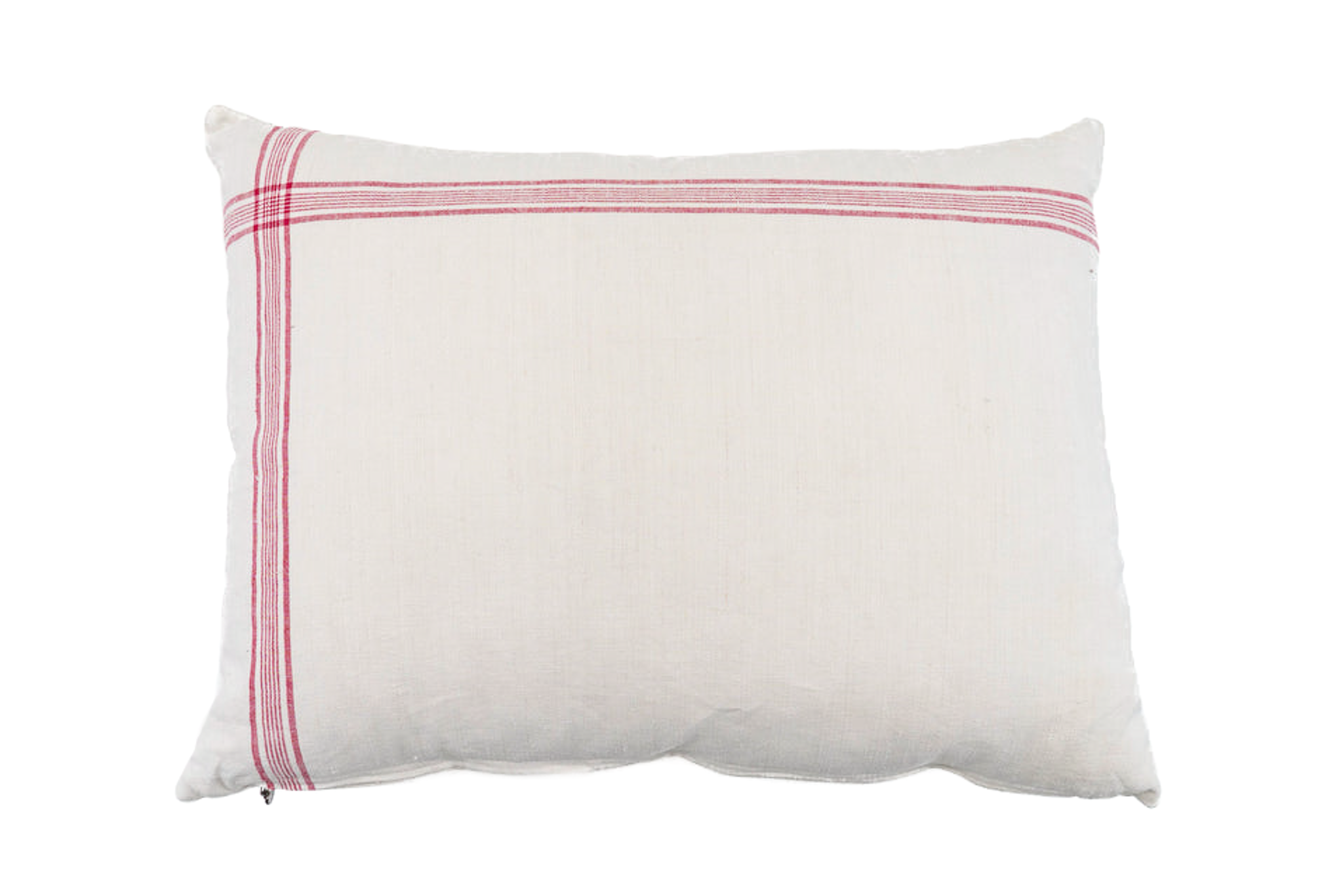 Handwoven antique Hungarian hemp pillow with red stripe detailing.