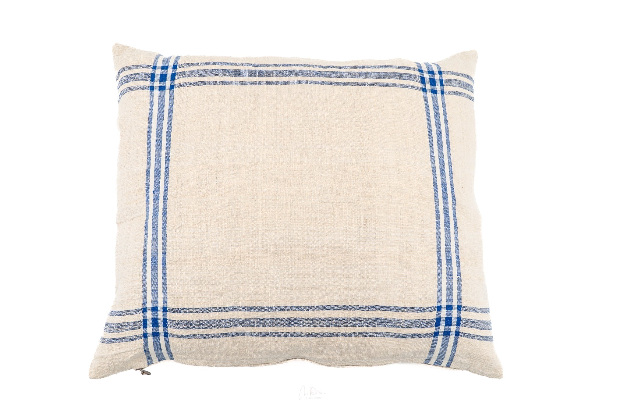 Handwoven antique Hungarian hemp pillow with blue stripes.