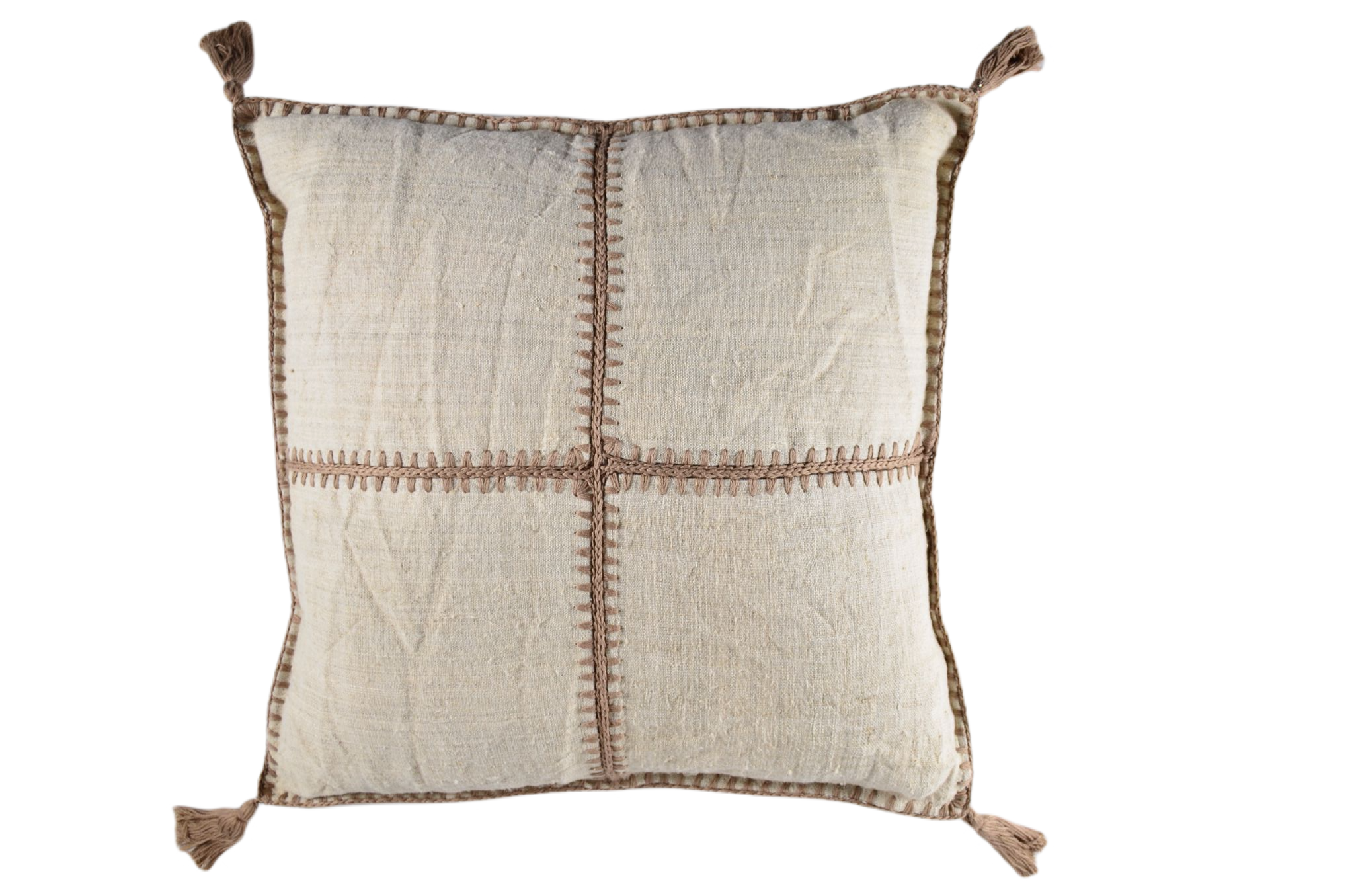 Pillow: Antique Hungarian handwoven hemp with taupe stitching and tassels.