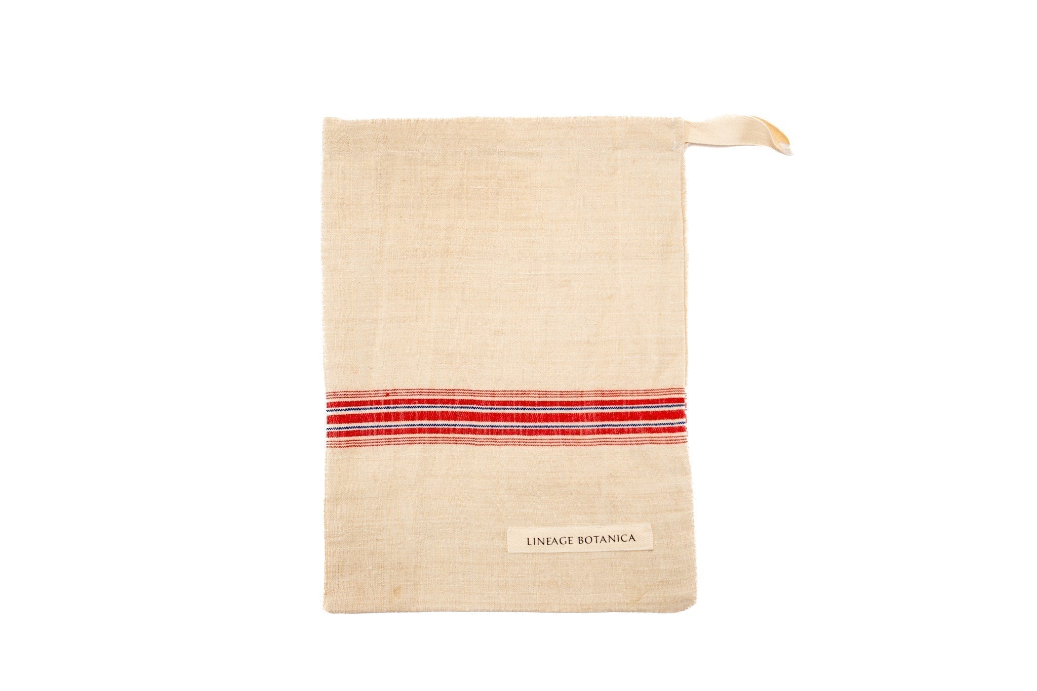 Handwoven antique hemp bread bag with red stripe pattern, made in Hungary.