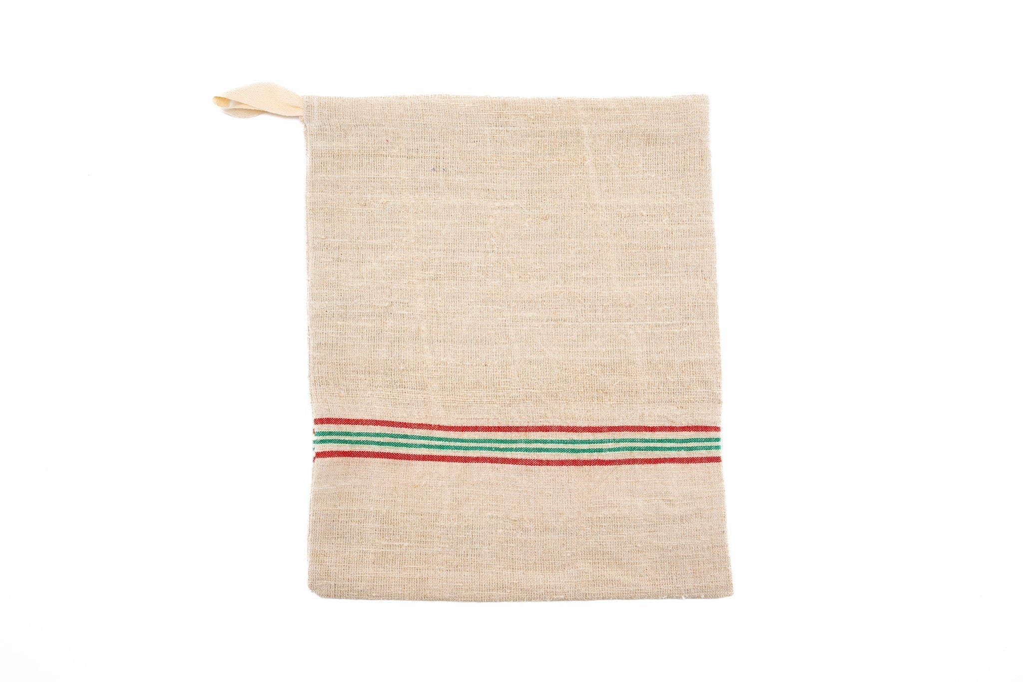 Handwoven antique hemp bread bag with colorful stripes.