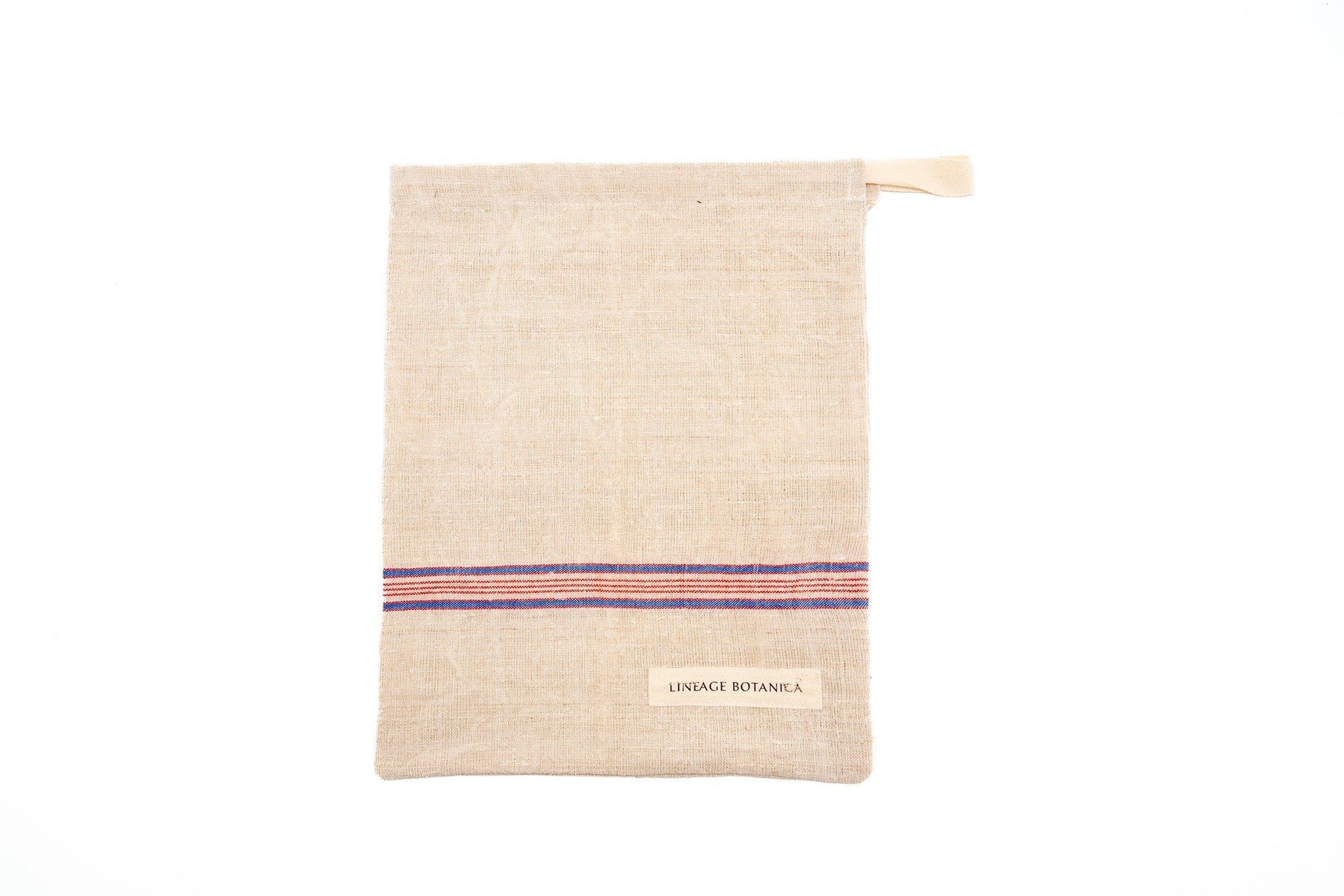 Handwoven antique hemp bread bag with colorful stripe design.
