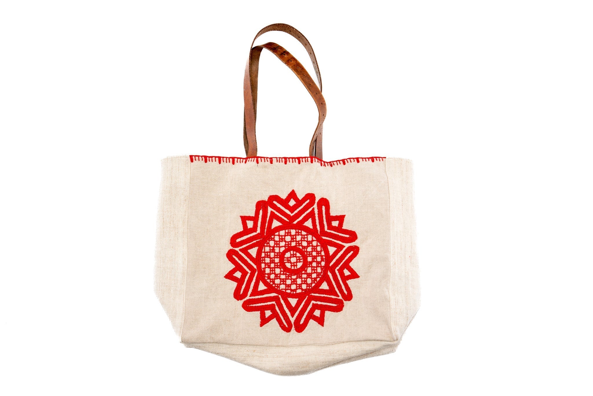 Handwoven antique hemp bag with red embroidered Mandala design and recycled leather strap.