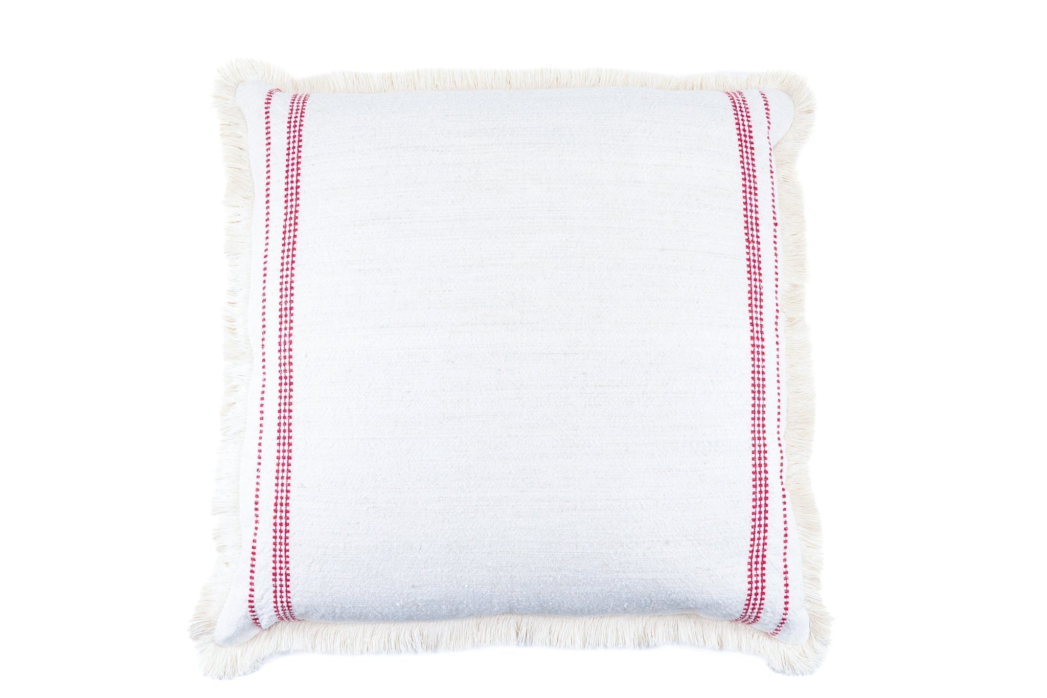 Handwoven antique Hungarian hemp pillow with traditional pattern and cotton fringe.