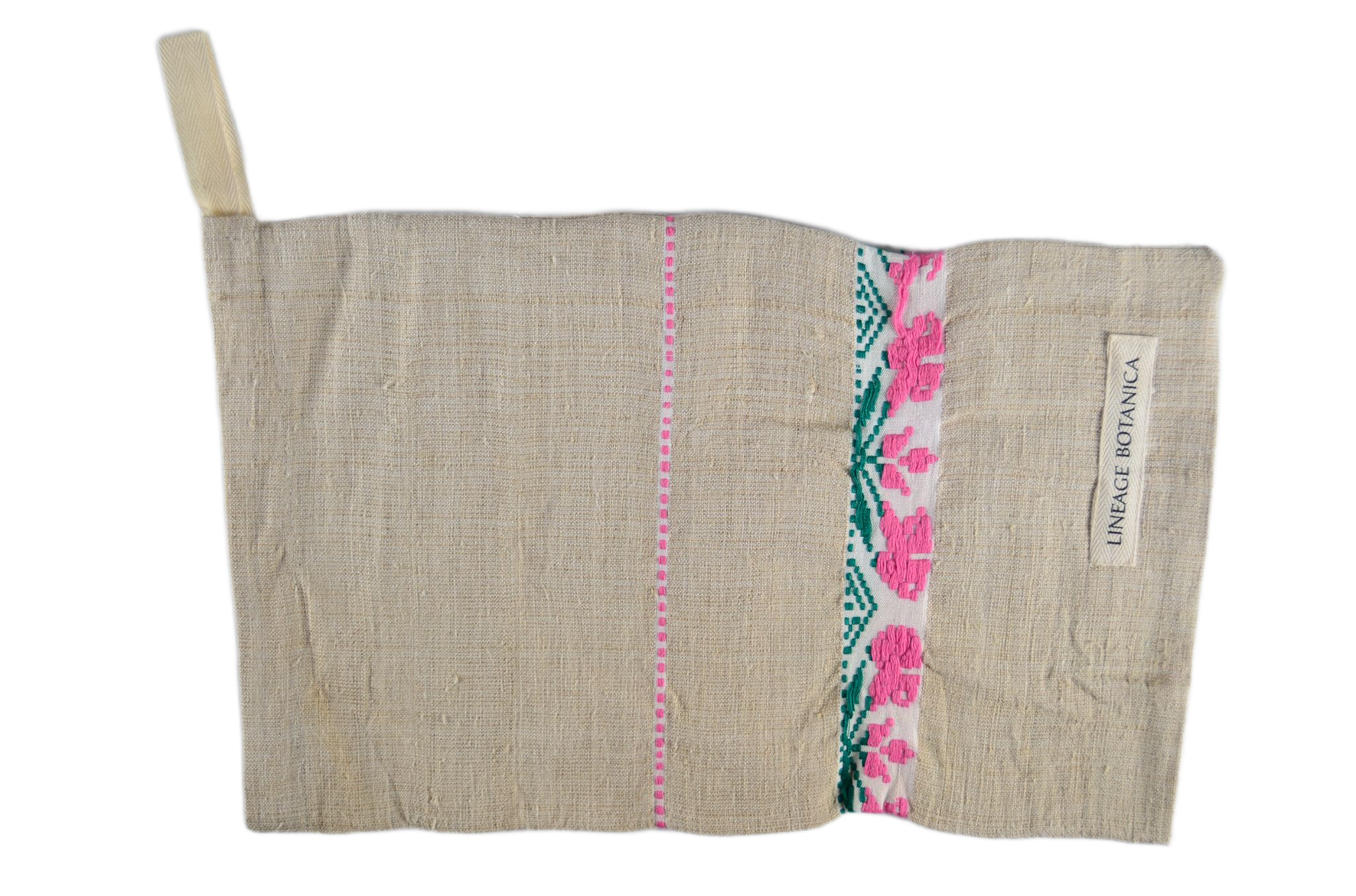 Handwoven antique and vintage hemp bread bag with colorful embroidery.