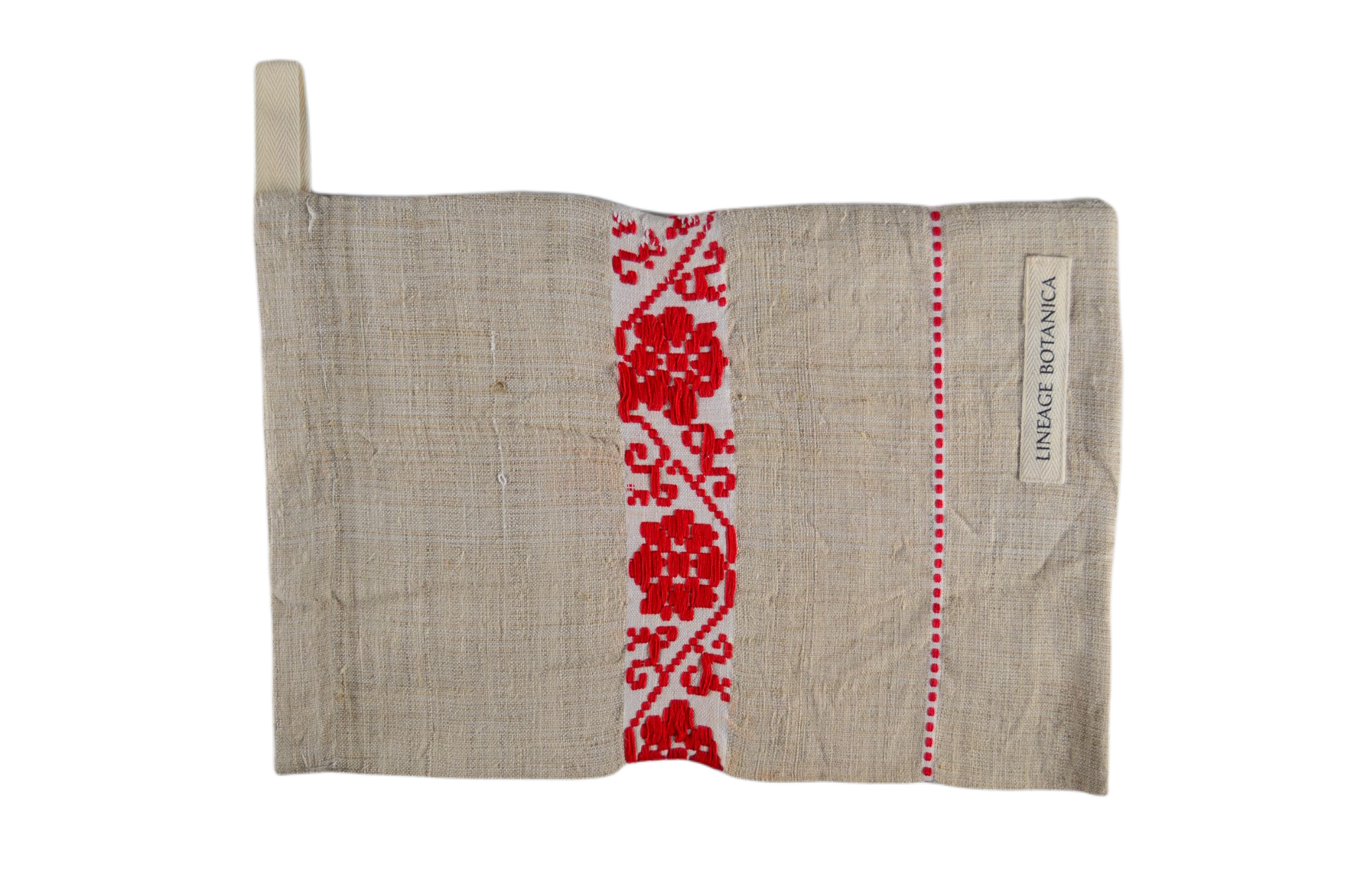 Handwoven antique bread bag with red embroidery design on hemp fabric.