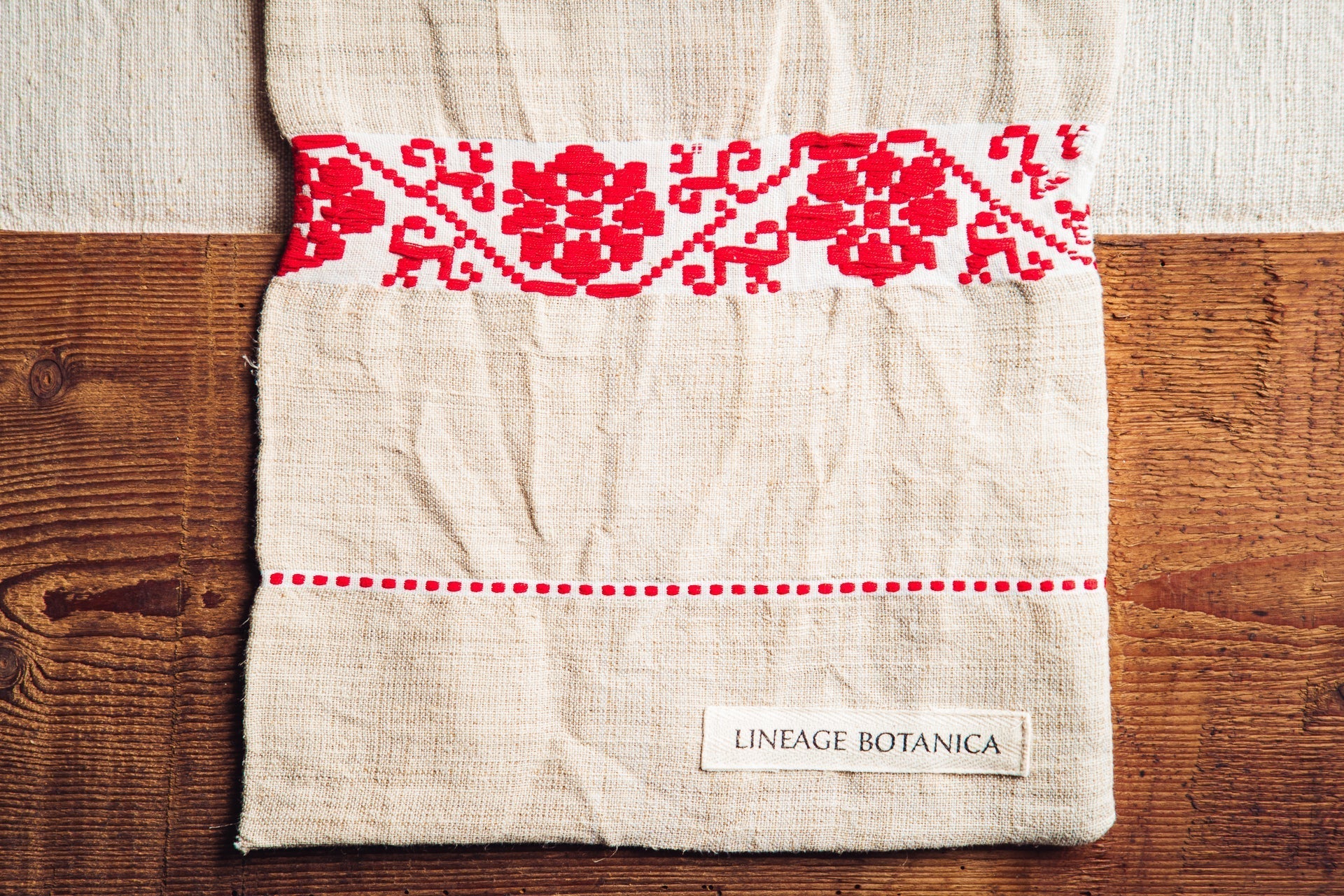 Handwoven antique hemp bread bag with red embroidery, unique vintage design.