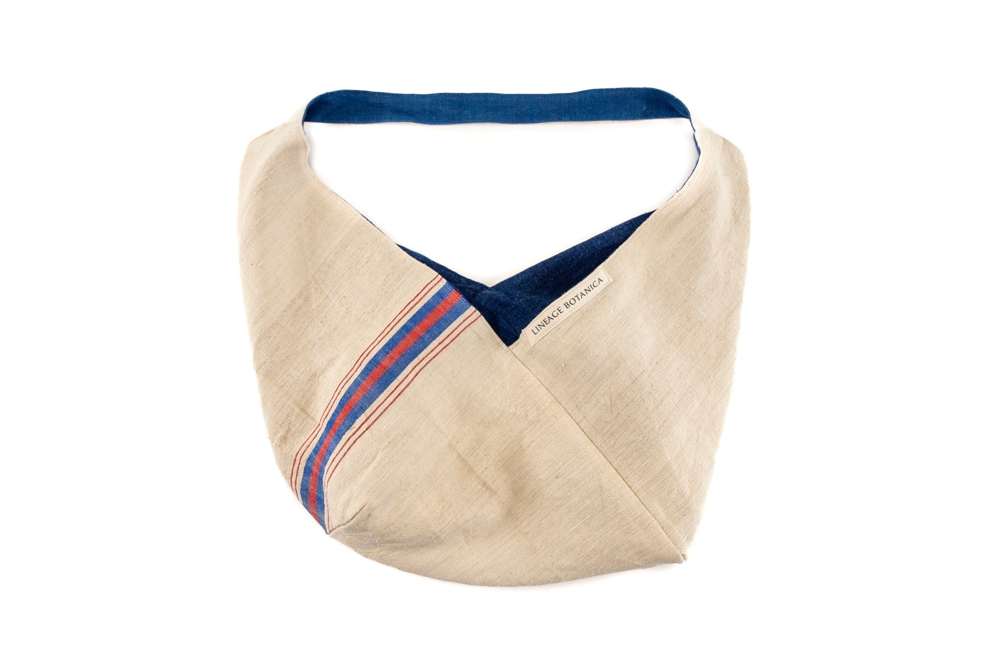 Handwoven antique Hungarian hemp bag with colorful stripe and reversible design.