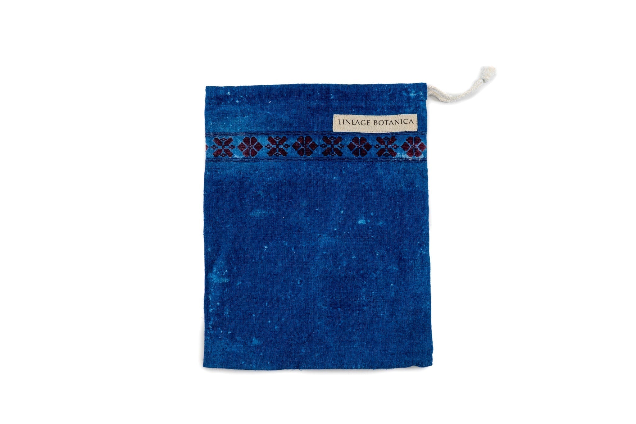Handwoven antique and vintage hemp bread bag in indigo dye by Tolnai Kekfesto, unique design with label.