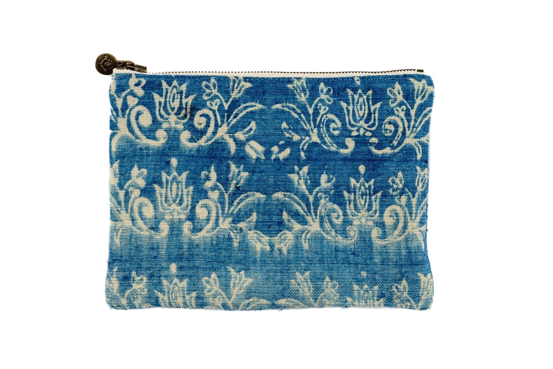 Wax resist indigo print bag on antique Hungarian hemp with floral design.