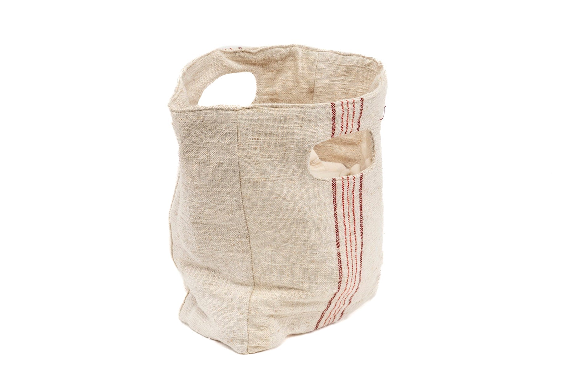 Handwoven antique Hungarian hemp carry bag with built-in handles, perfect for versatile use.