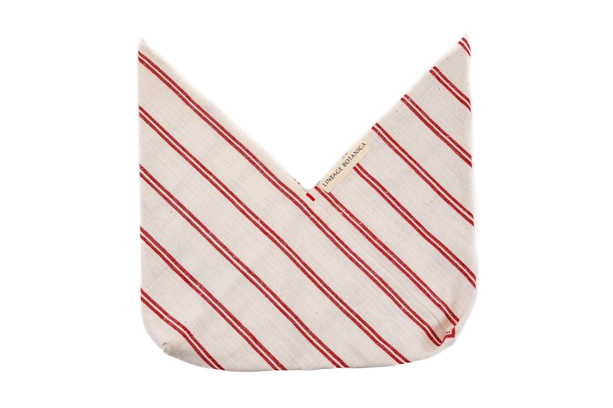 Antique handwoven Bulgarian cotton bag with red stripes, eco-conscious design.
