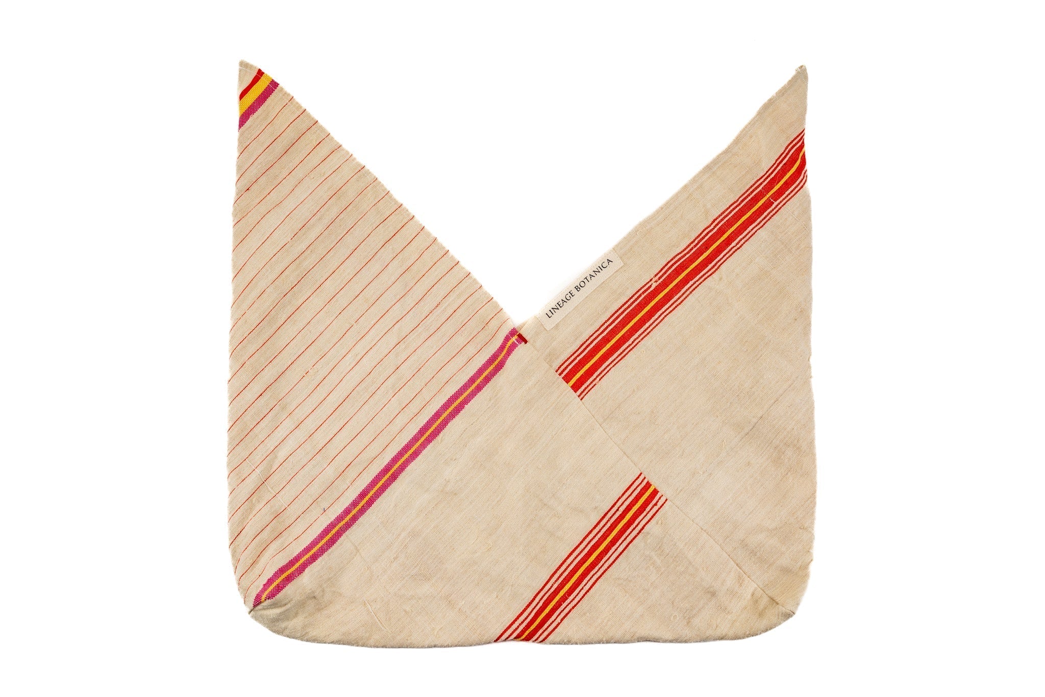Antique handwoven Bulgarian cotton bag with red and pink stripes, eco-friendly and reusable design.