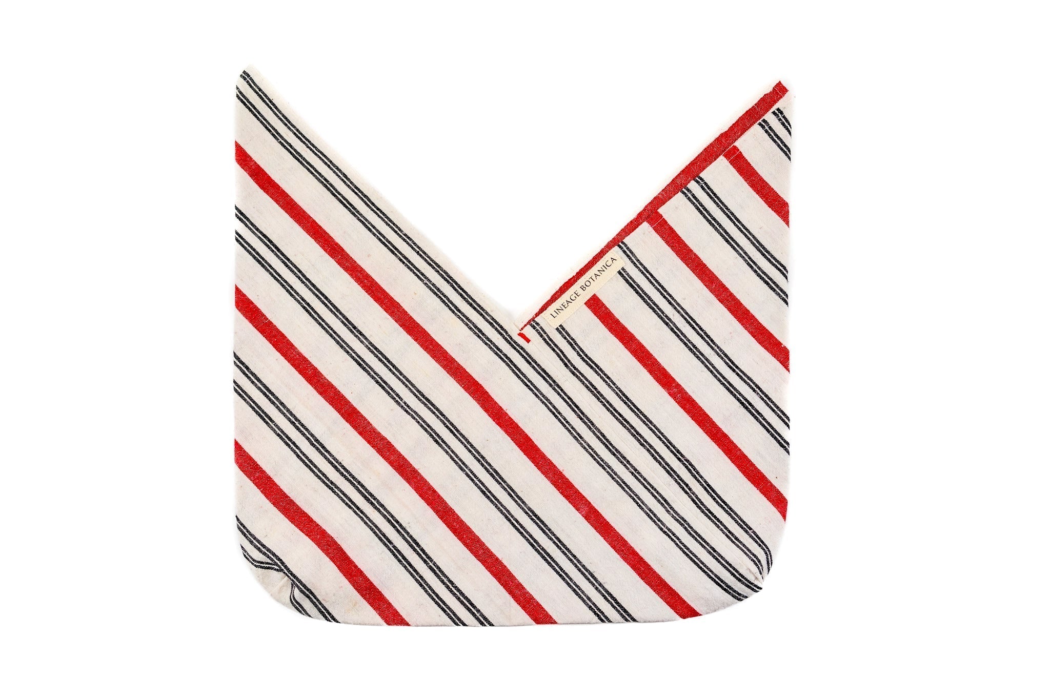 Antique handwoven Bulgarian cotton bag with red and black stripes, eco-friendly and reusable.
