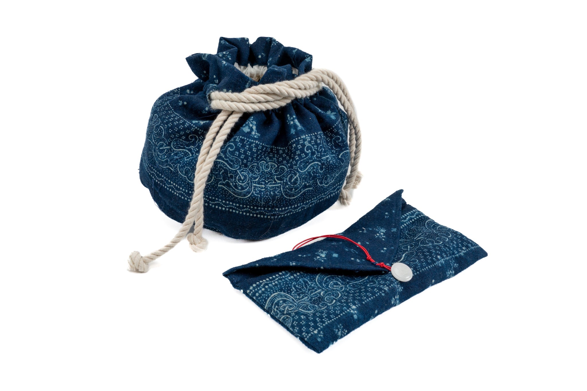 Handwoven antique Hungarian wax resist indigo hemp bag with envelope.