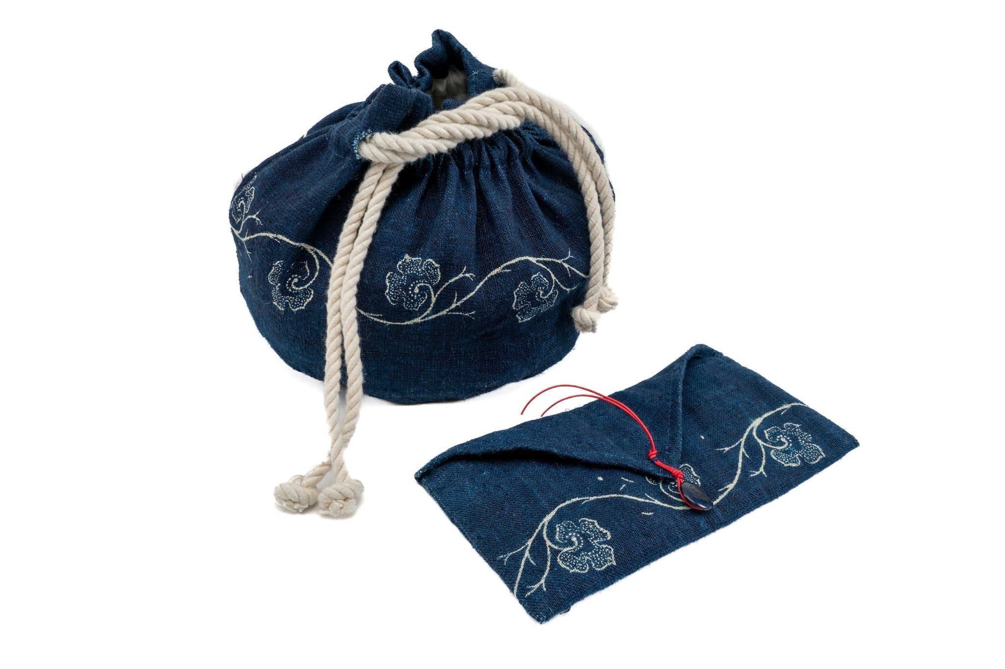 Handwoven antique Hungarian wax resist indigo hemp bag with envelope.