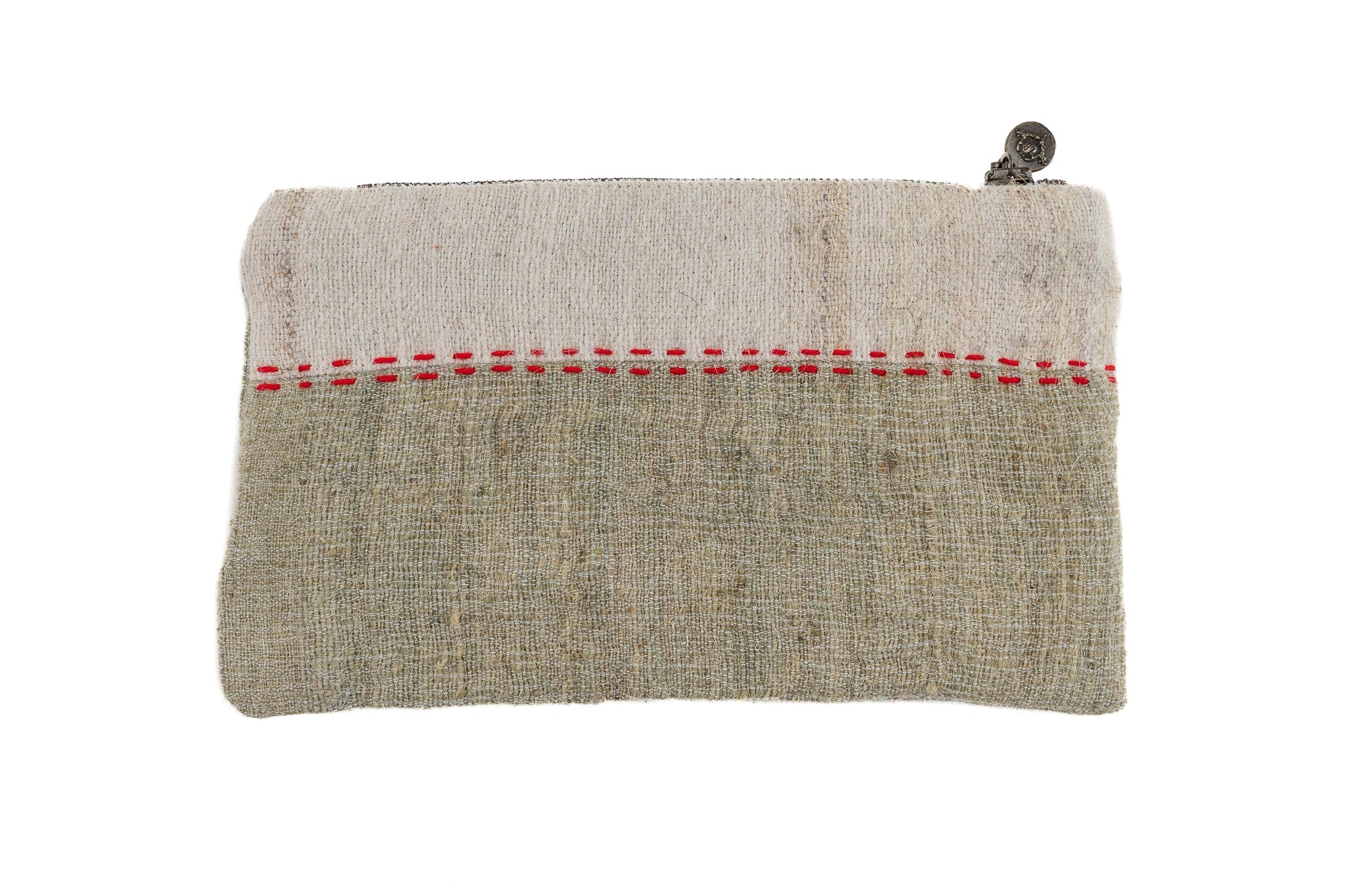 Handwoven wool bag with handwoven hemp lining, metal zipper, natural dyes.