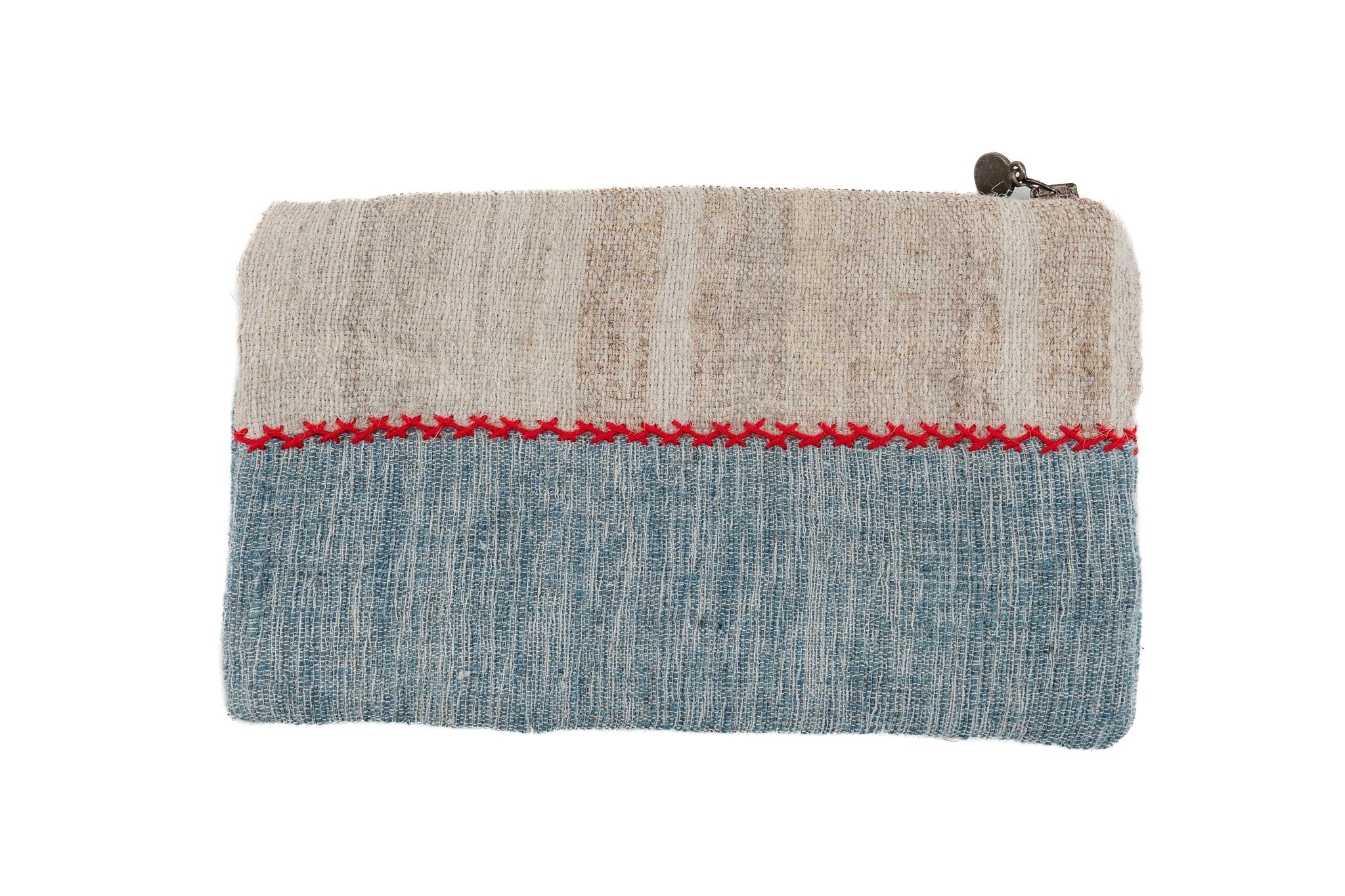 Handwoven wool bag with antique hemp lining, natural dyes, and metal zipper.