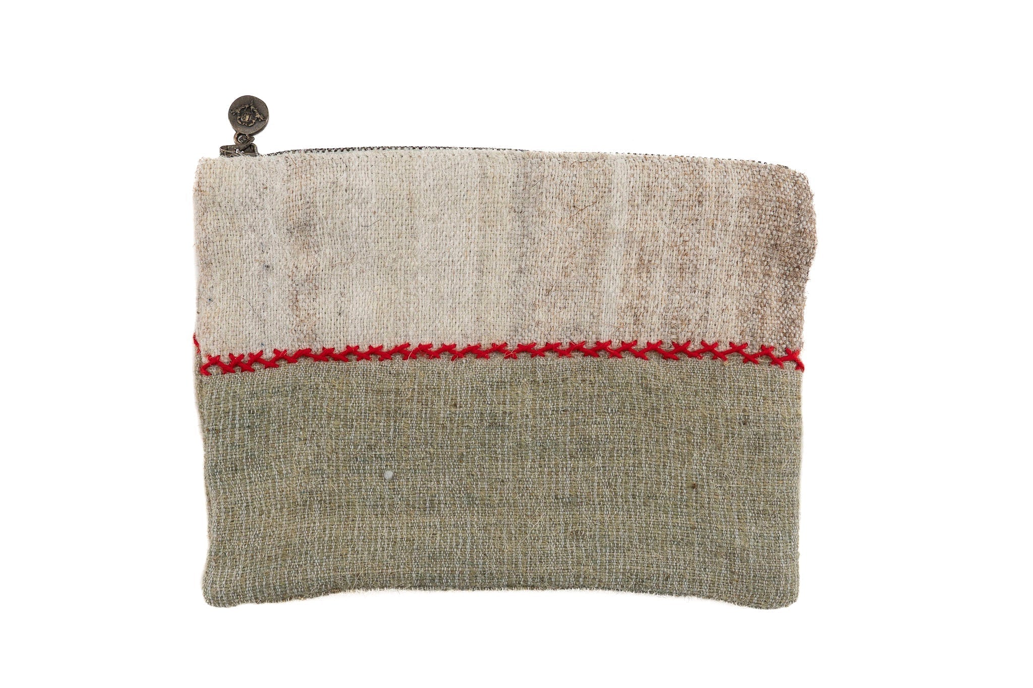 Handwoven wool bag with red stitching and metal zipper, lined with handwoven hemp.
