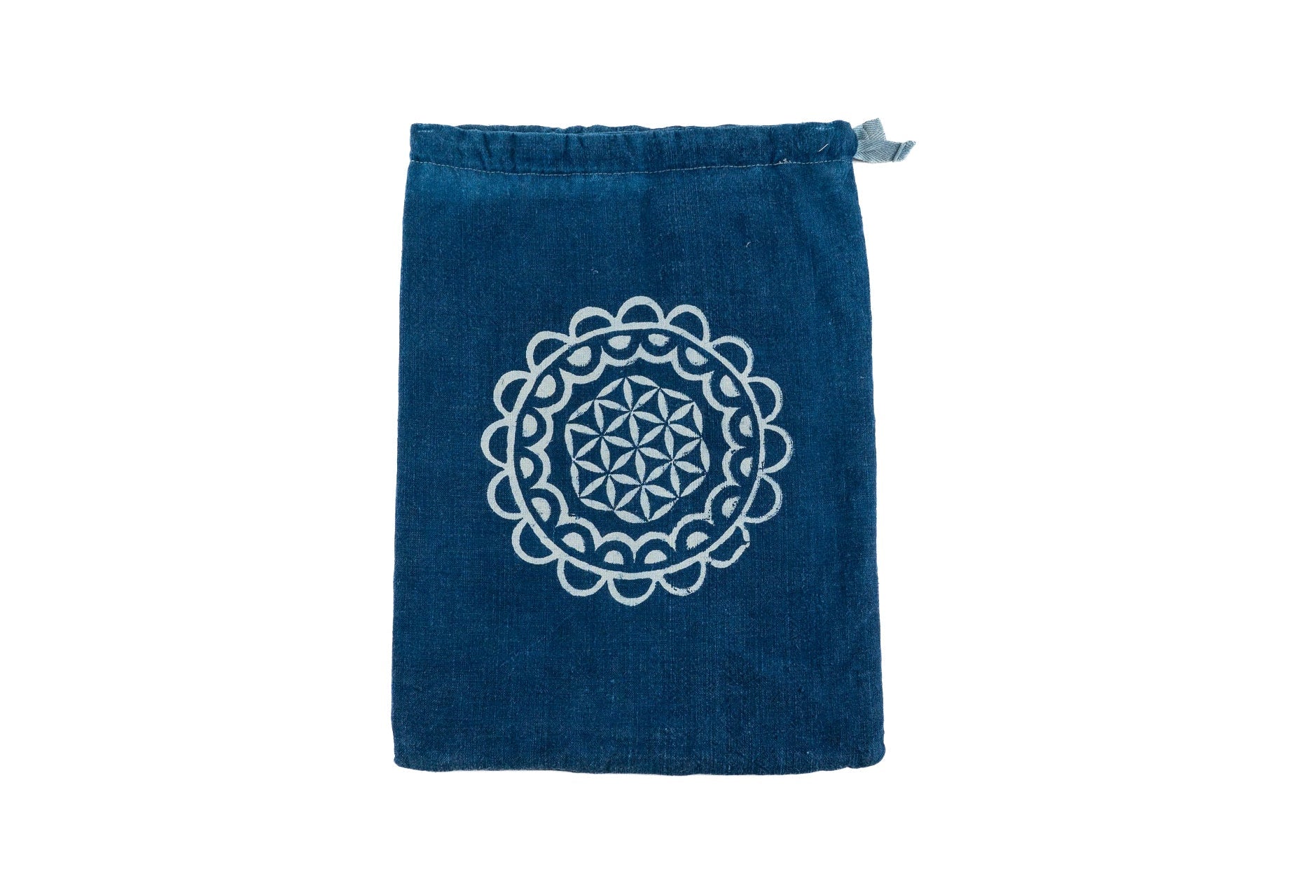 Handwoven antique Hungarian hemp bag with indigo design.